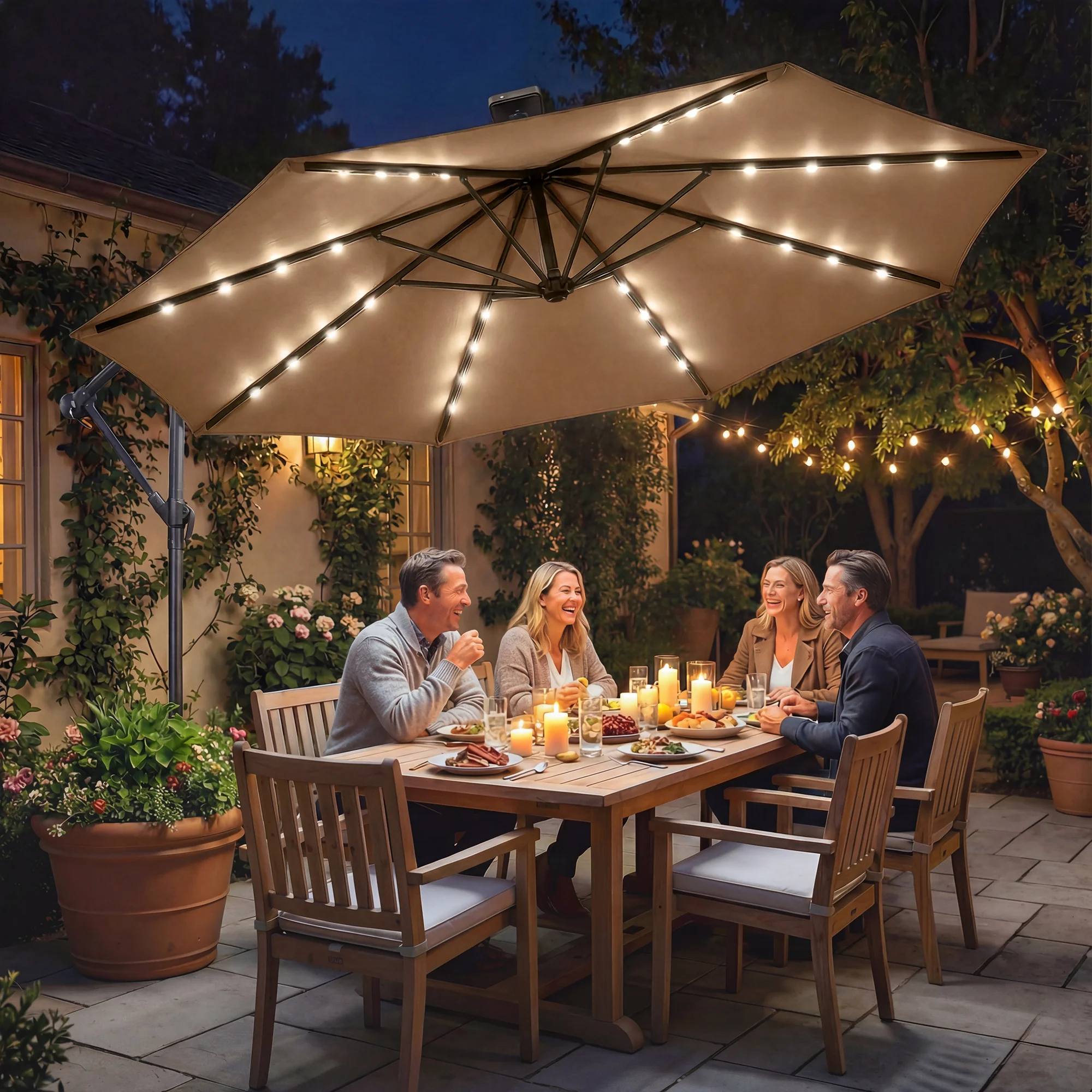 9.7 ft Cantilever Patio Umbrella with Solar LED Light and Cover, Khaki - Image 4