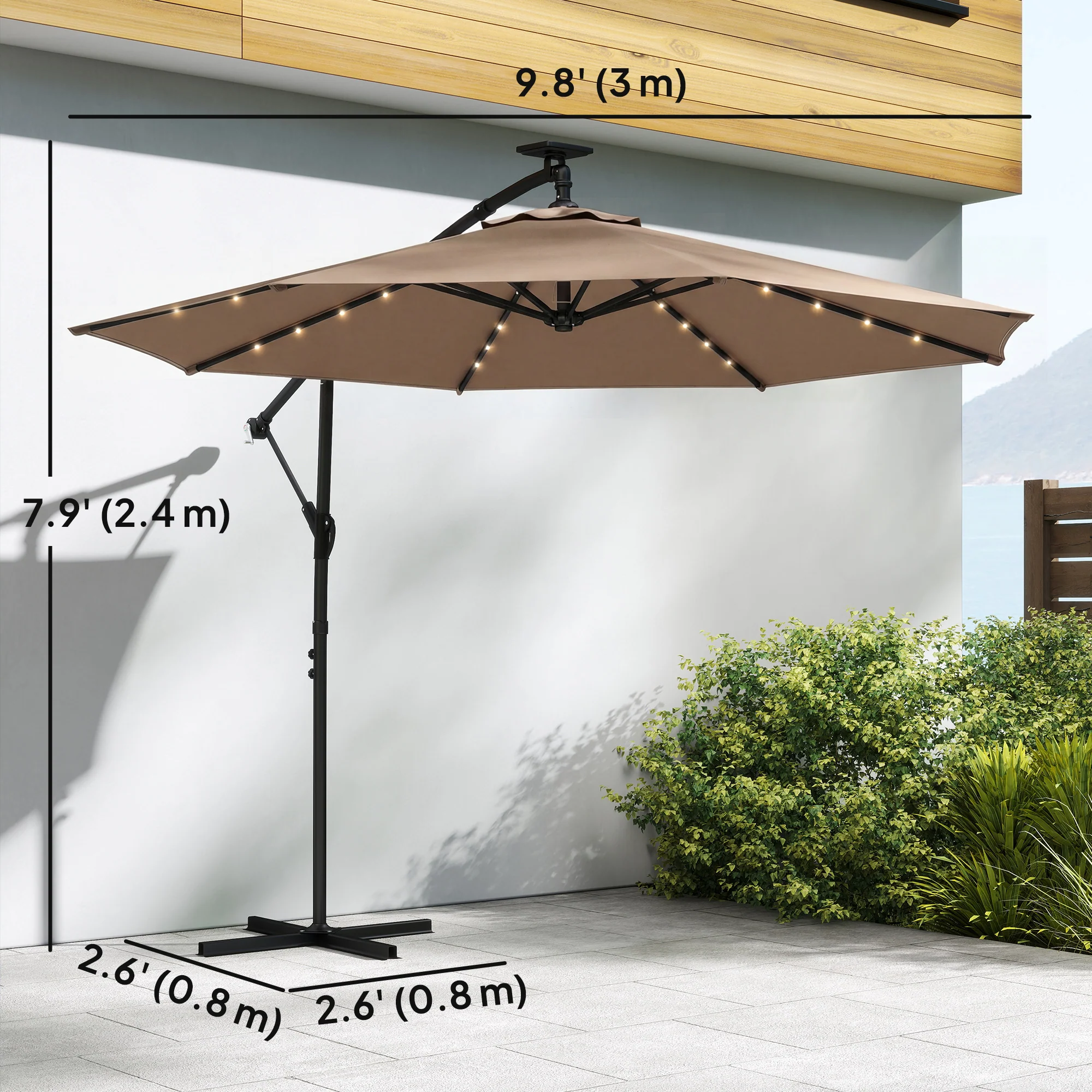 9.7 ft Cantilever Patio Umbrella with Solar LED Light and Cover, Khaki - Image 5