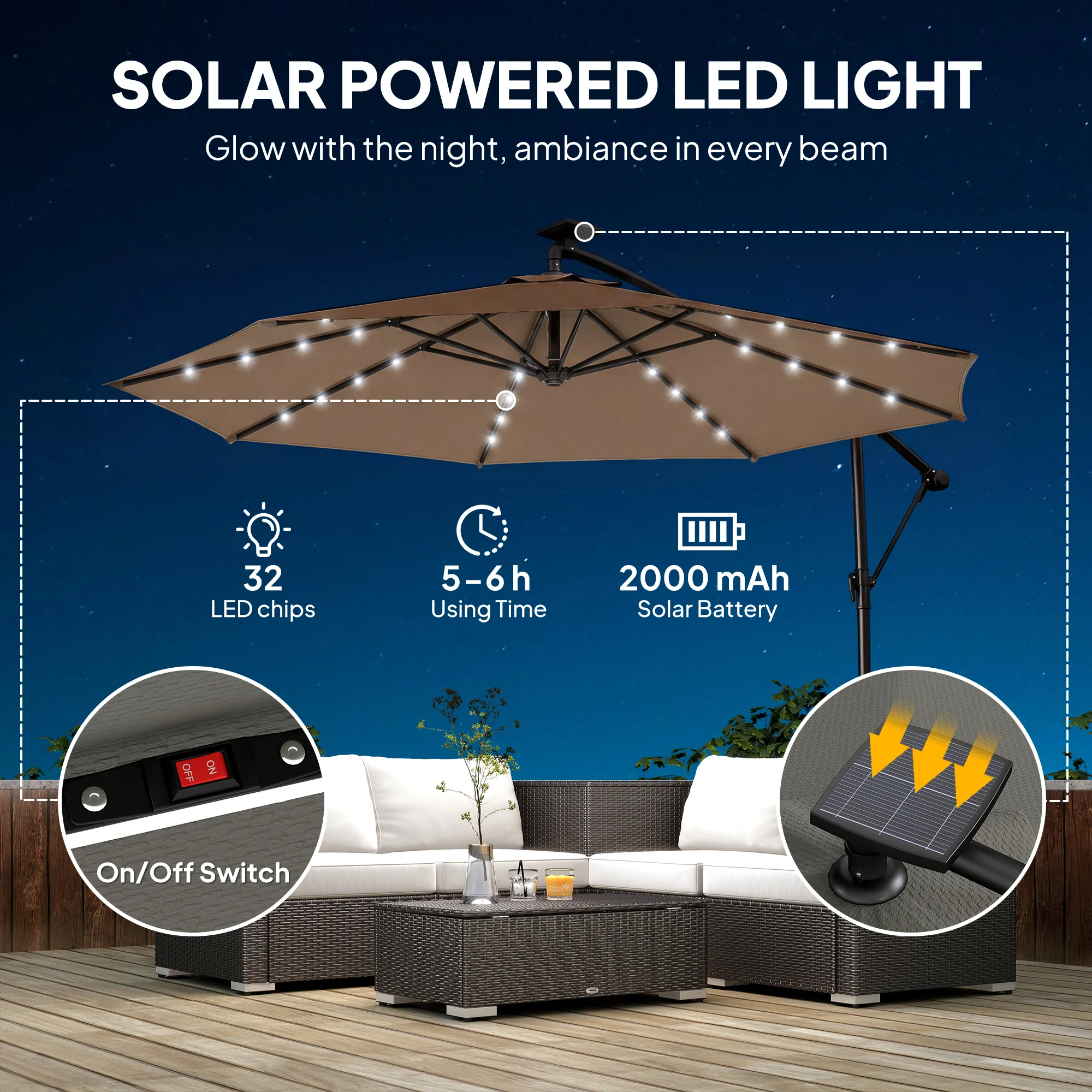 9.7 ft Cantilever Patio Umbrella with Solar LED Light and Cover, Khaki - Image 6
