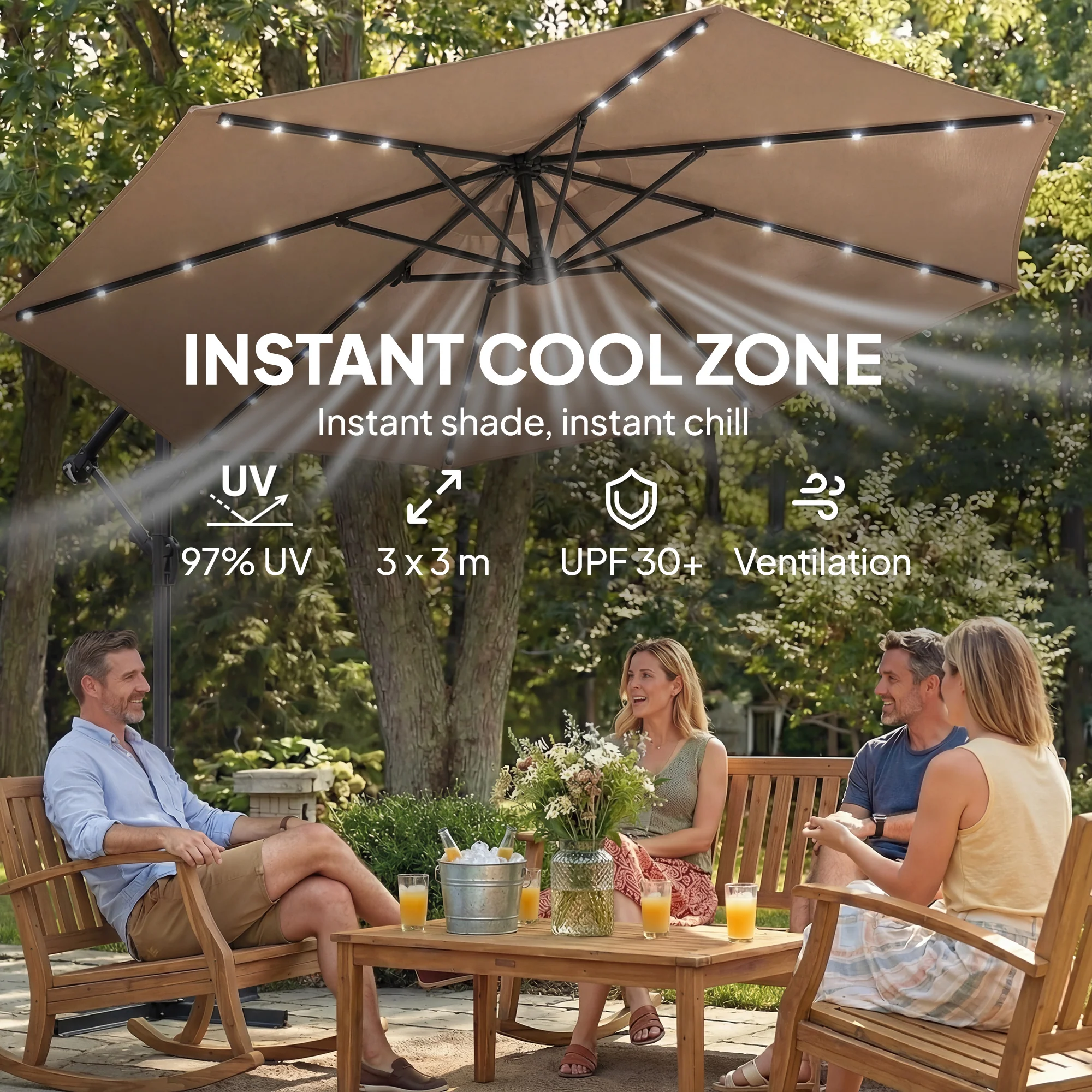 9.7 ft Cantilever Patio Umbrella with Solar LED Light and Cover, Khaki - Image 7
