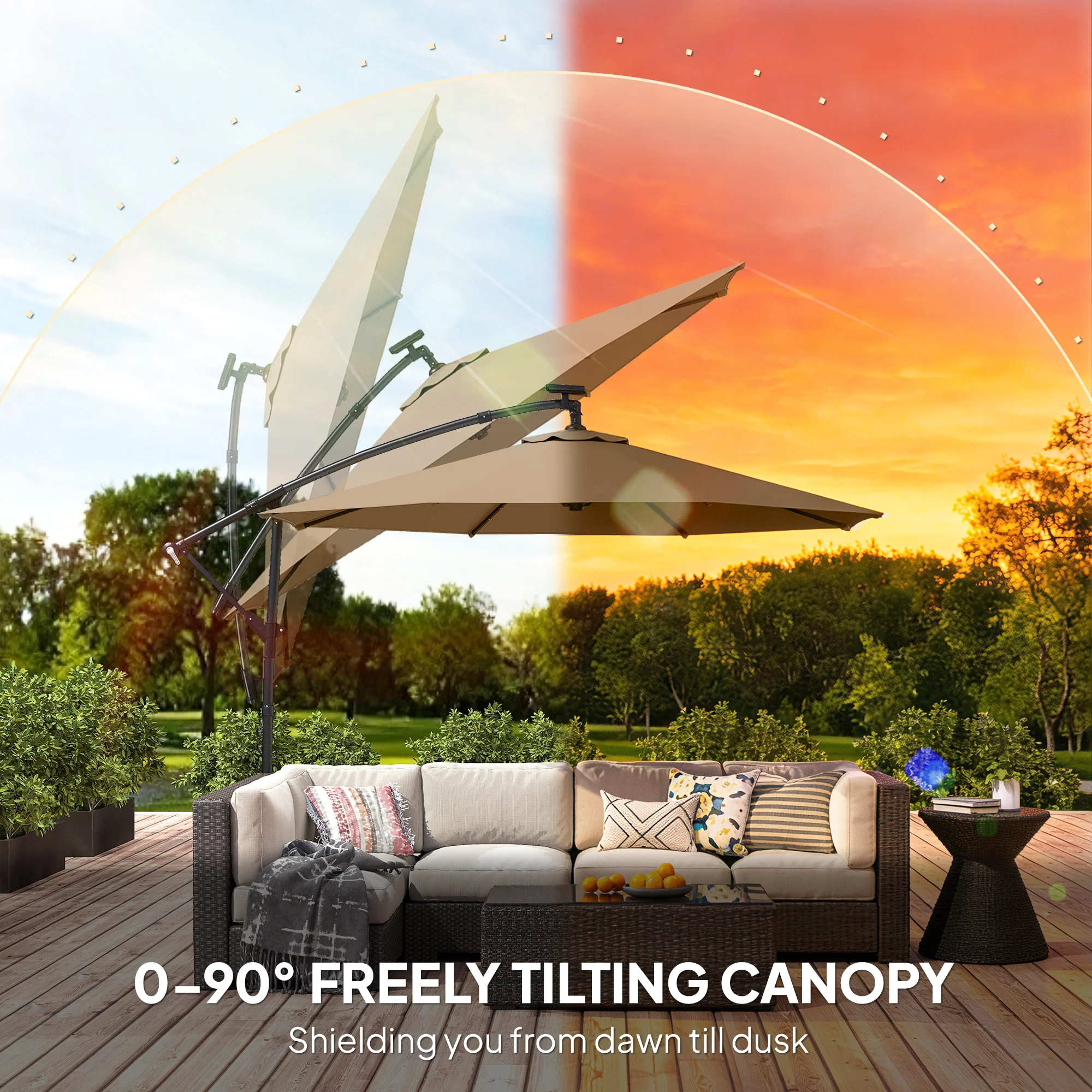 9.7 ft Cantilever Patio Umbrella with Solar LED Light and Cover, Khaki - Image 8