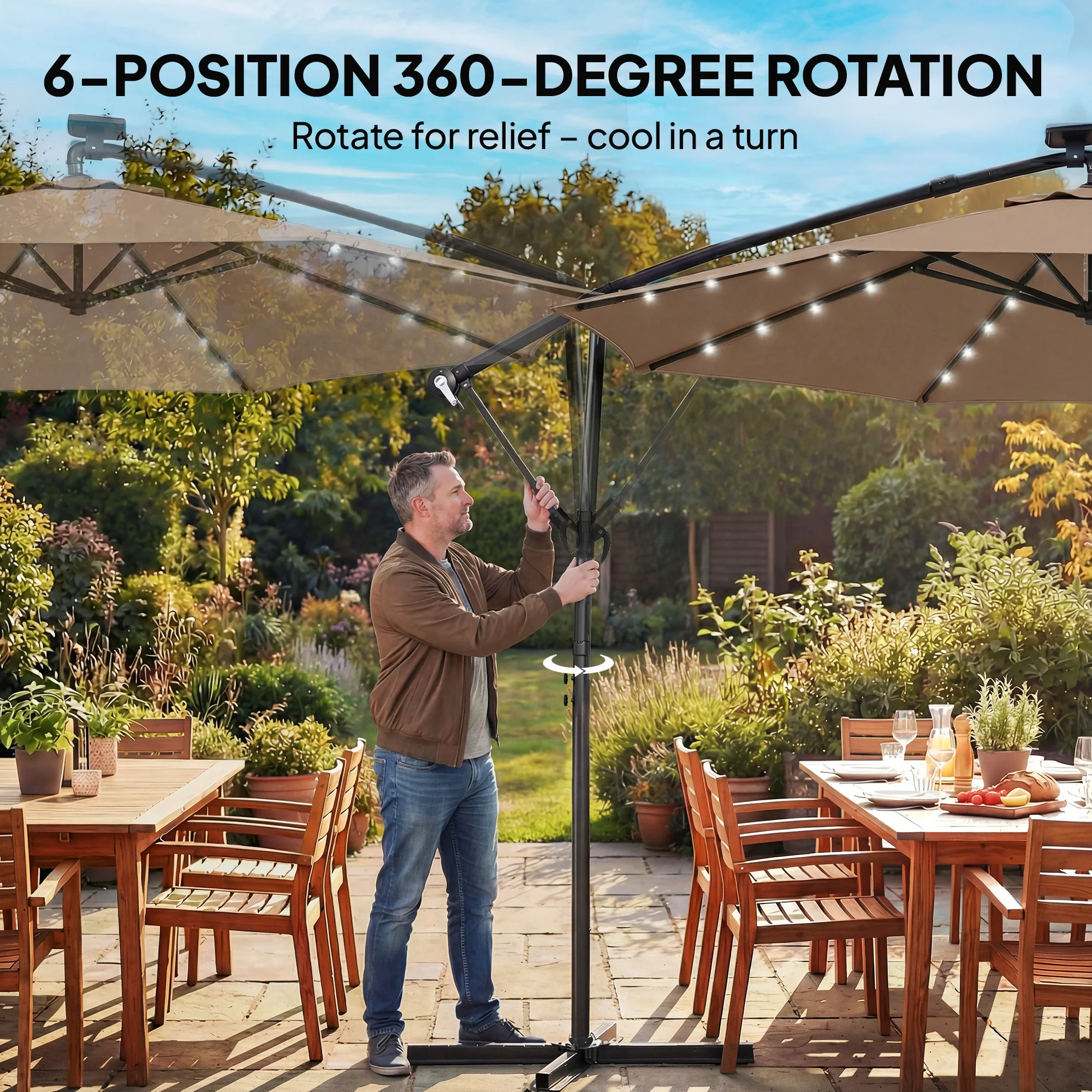 9.7 ft Cantilever Patio Umbrella with Solar LED Light and Cover, Khaki - Image 9