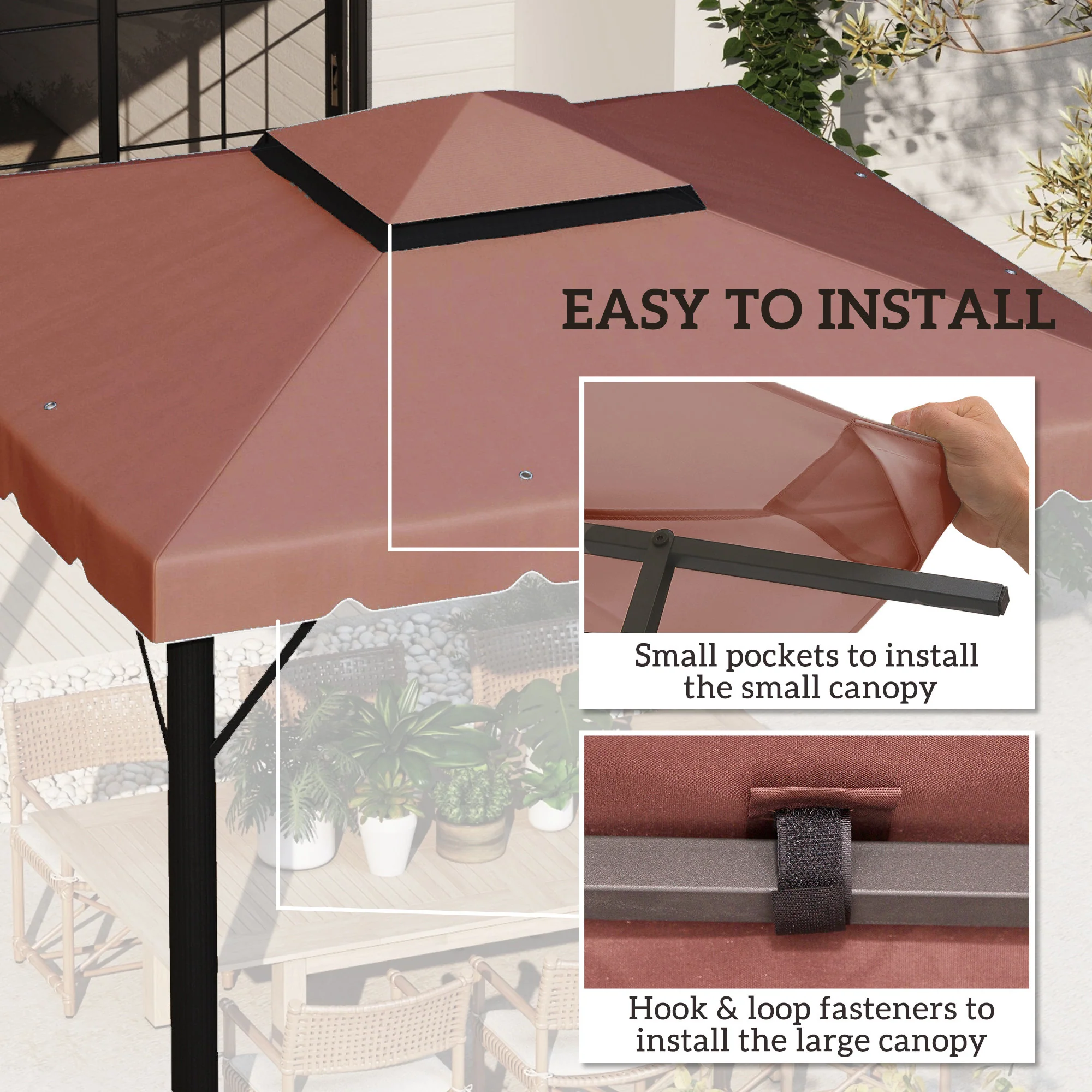 9.8' x 9.8' Gazebo Replacement Canopy with Double Vented Roof, TOP ONLY, Coffee - Image 8
