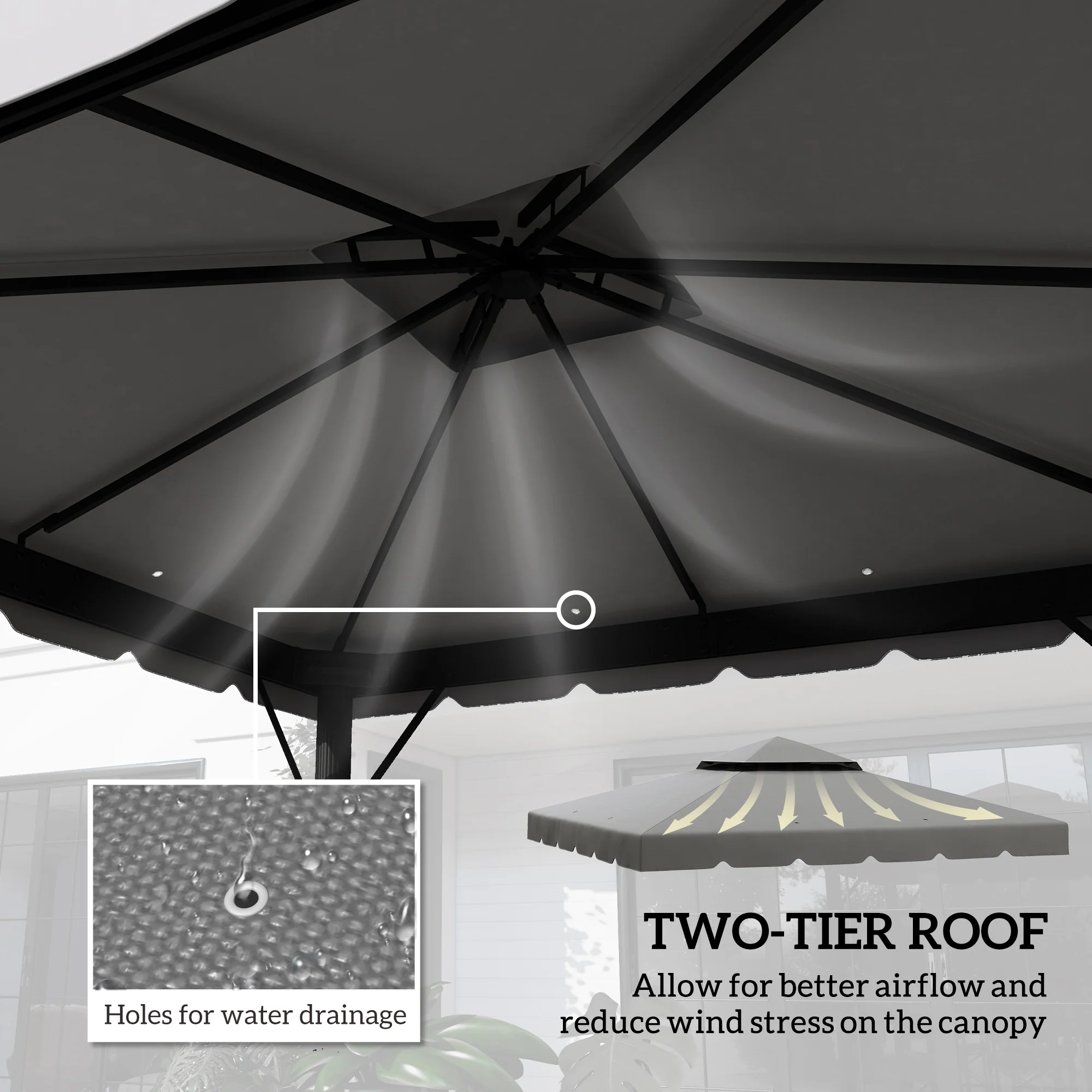 9.8' x 9.8' Gazebo Replacement Canopy with Double Vented Roof, TOP ONLY, Grey - Image 6