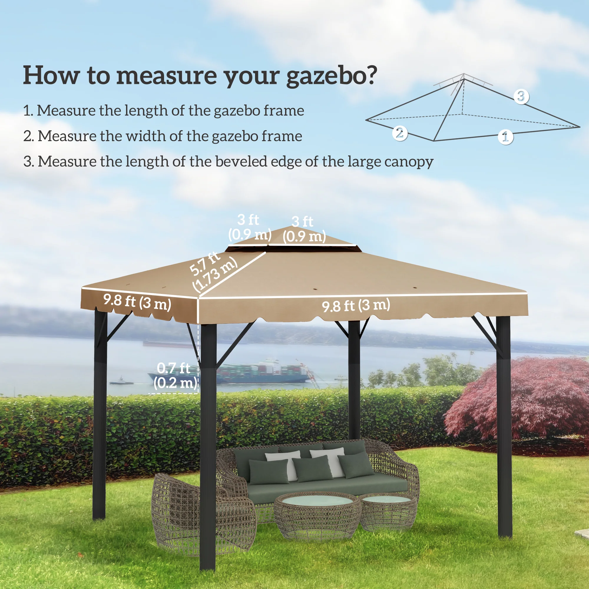 9.8' x 9.8' Gazebo Replacement Canopy with Double Vented Roof, TOP ONLY, Khaki - Image 5
