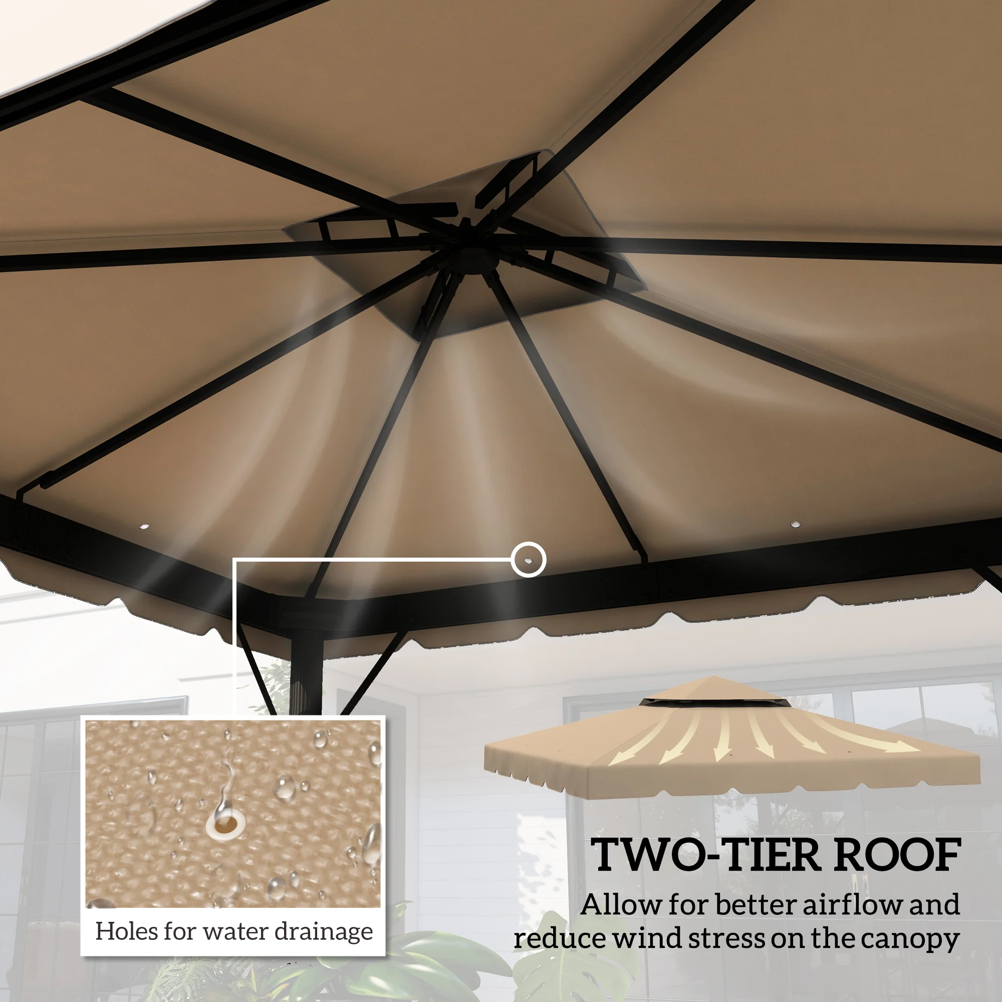 9.8' x 9.8' Gazebo Replacement Canopy with Double Vented Roof, TOP ONLY, Khaki - Image 6
