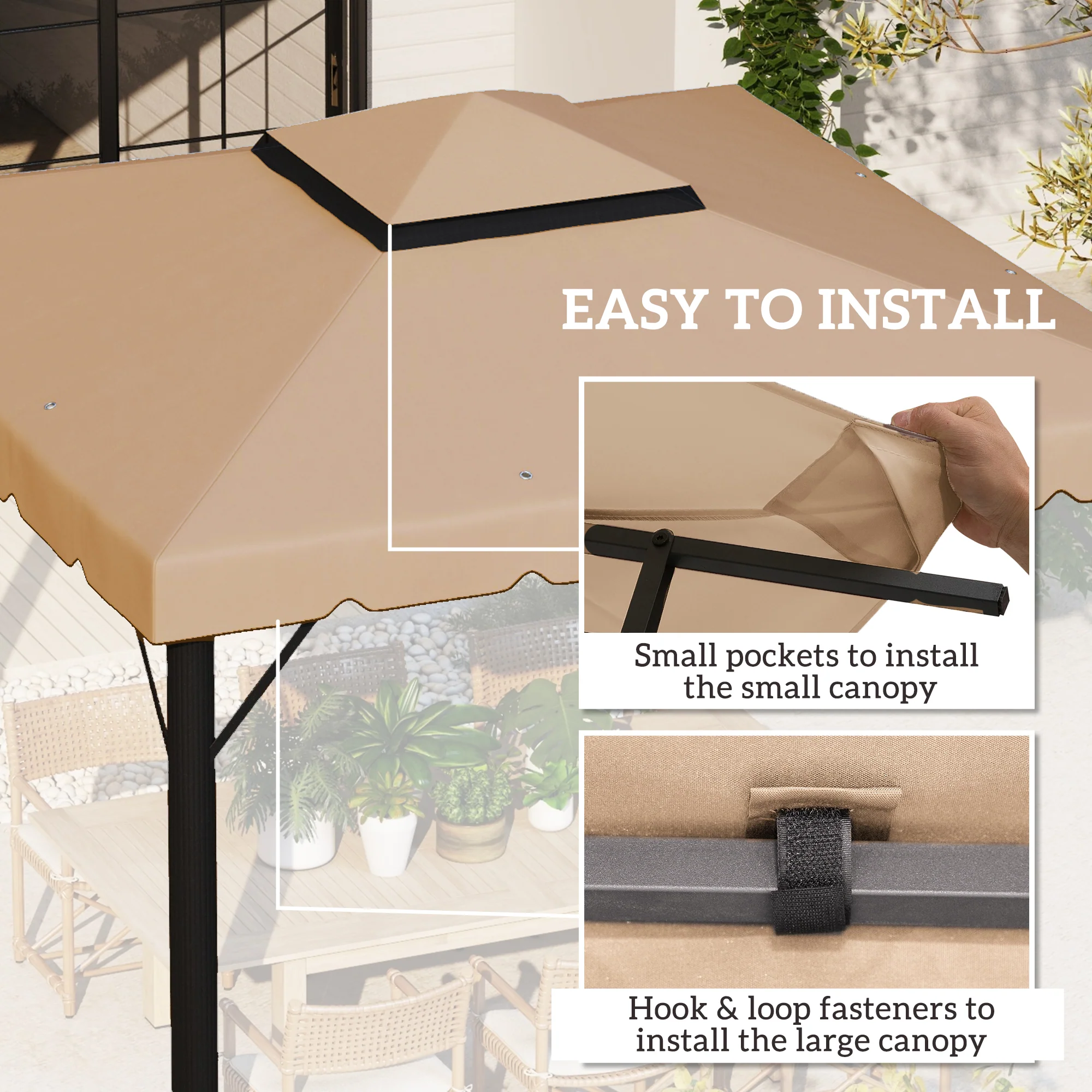 9.8' x 9.8' Gazebo Replacement Canopy with Double Vented Roof, TOP ONLY, Khaki - Image 7
