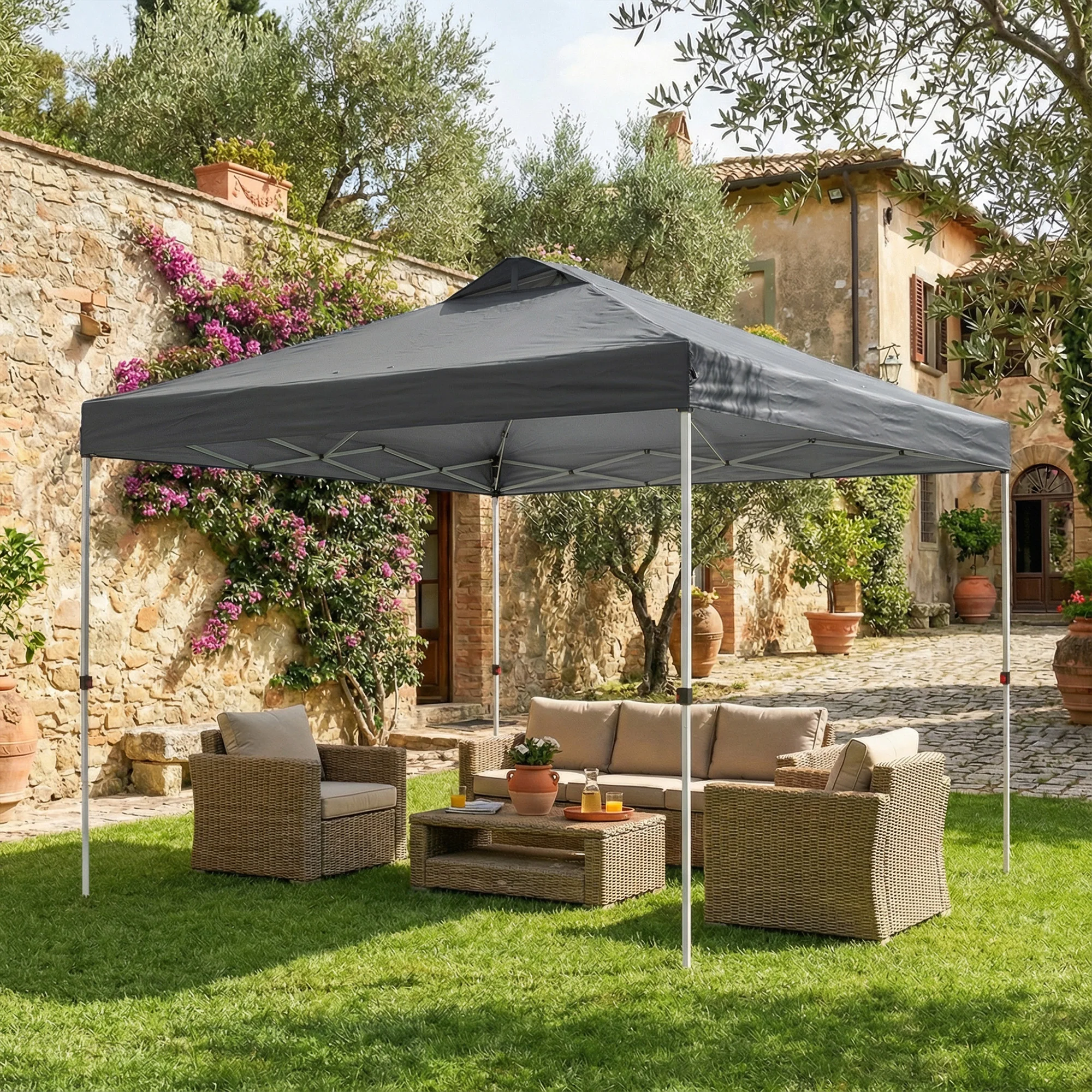 9.8' x 9.8' Pop-Up Canopy with Carrying Bag, Stakes and Ropes, Dark Grey - Image 3