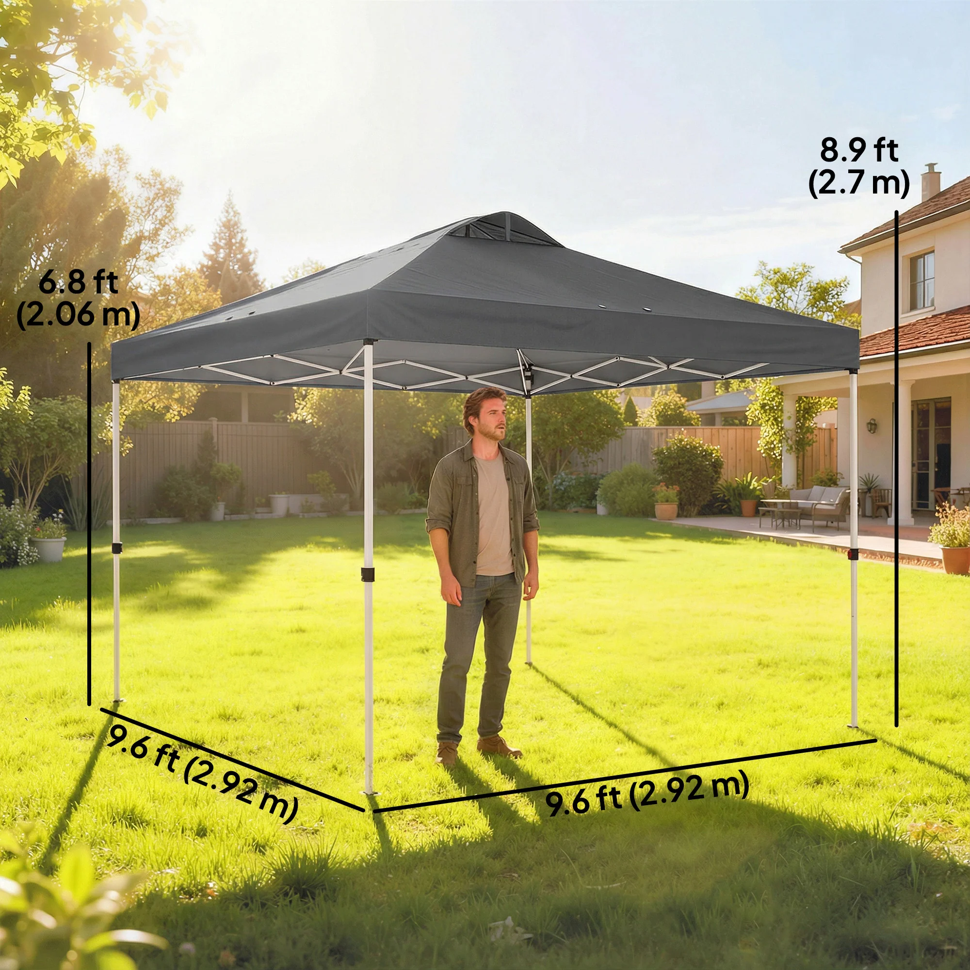 9.8' x 9.8' Pop-Up Canopy with Carrying Bag, Stakes and Ropes, Dark Grey - Image 4