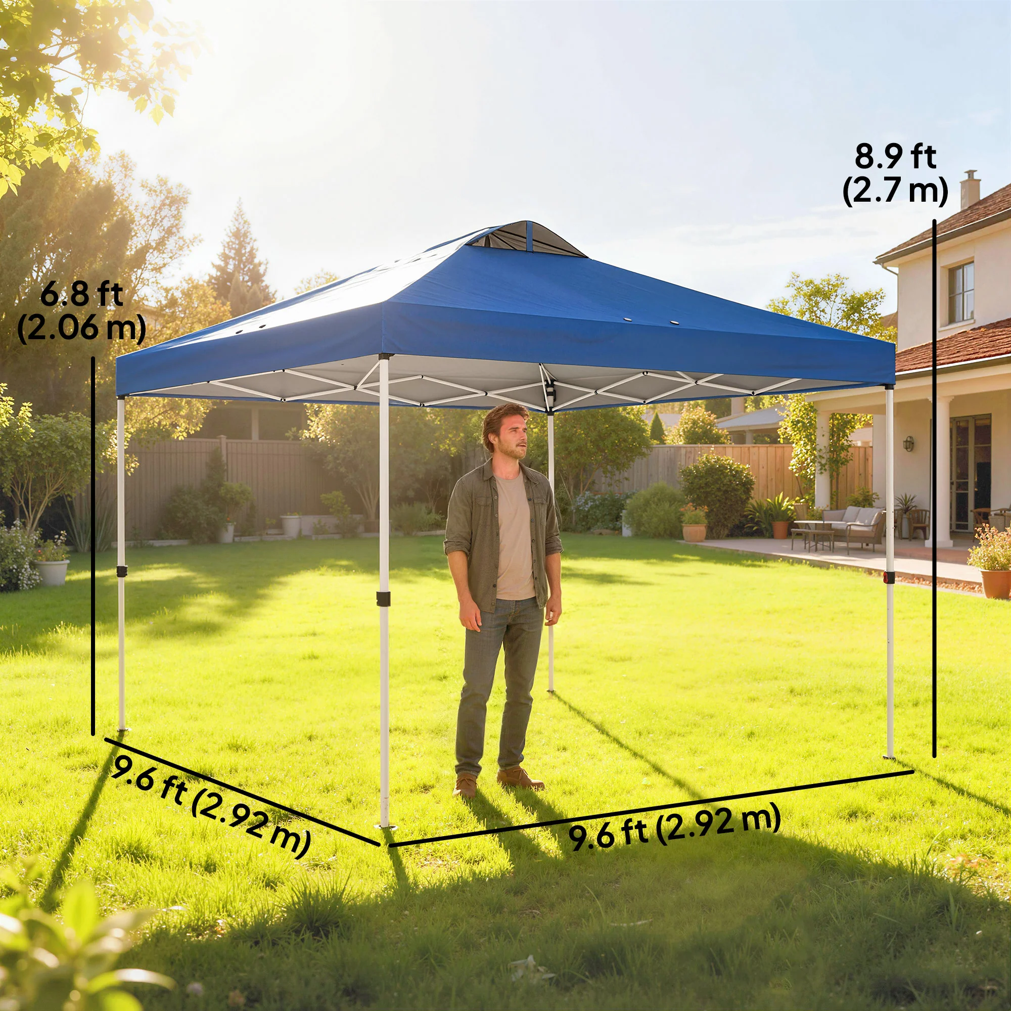 9.8' x 9.8' Pop-Up Canopy with Carrying Bag, Stakes and Ropes, Blue - Image 5