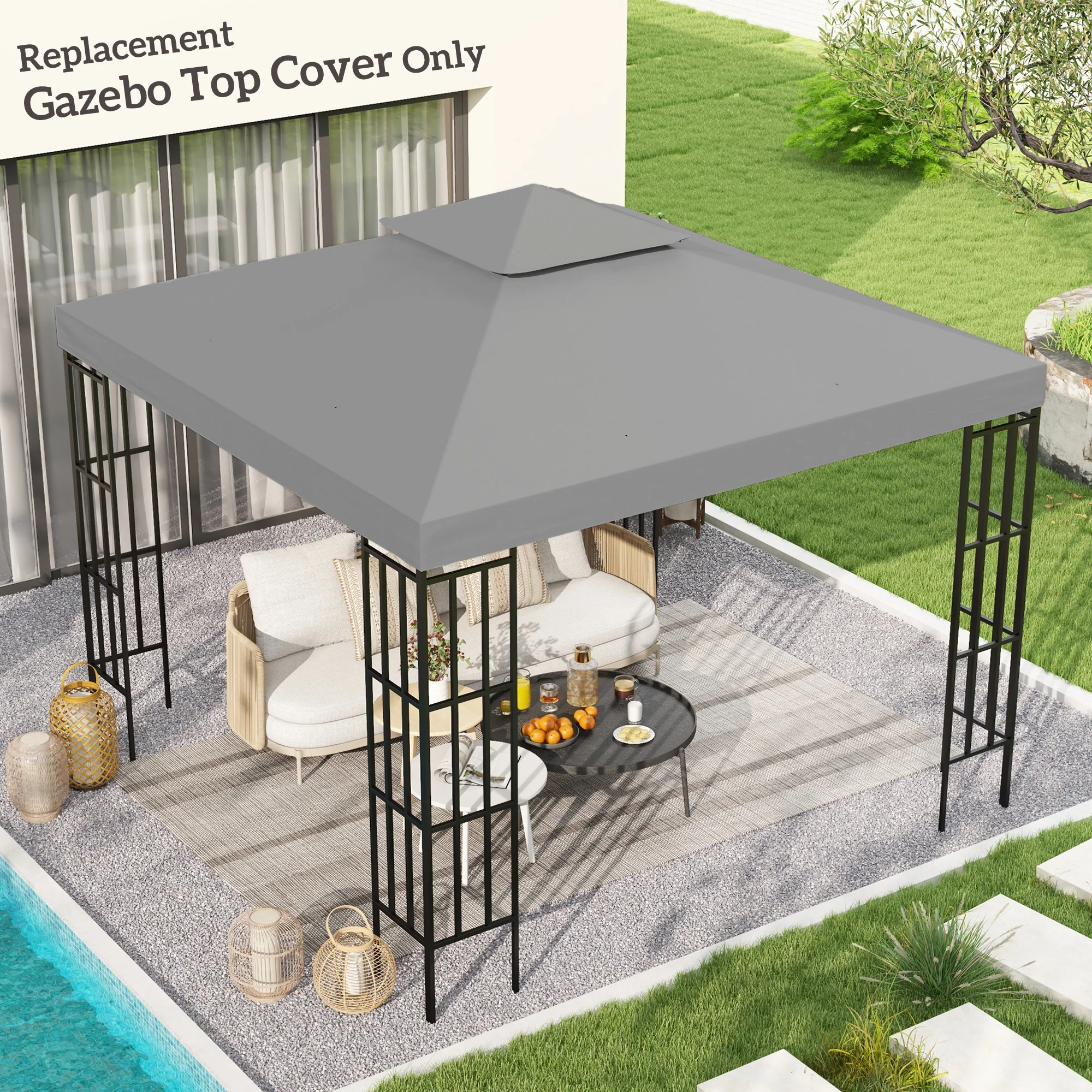 9.8' x 9.8' 2-Tier Gazebo Replacement Canopy, Light Grey - Image 3