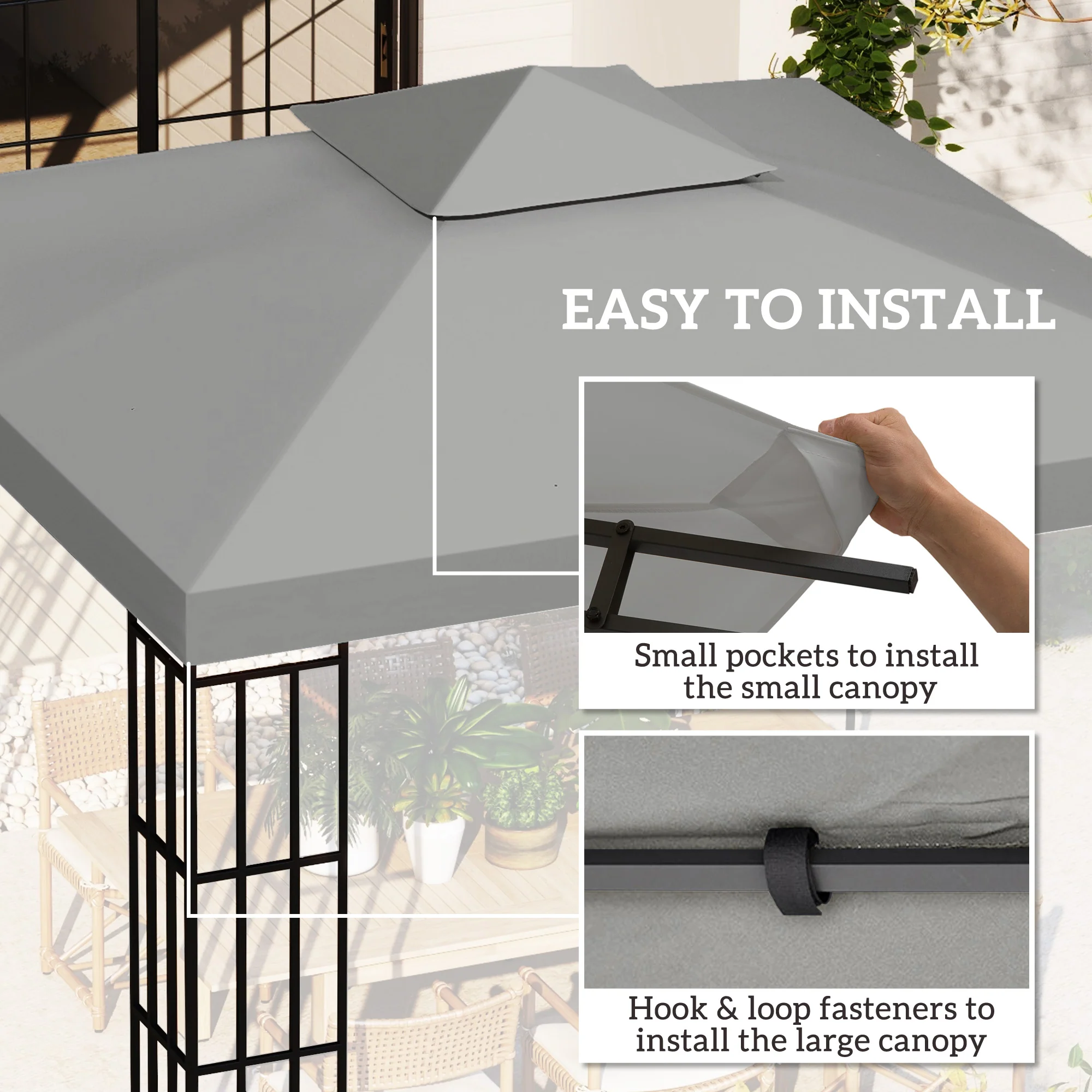 9.8' x 9.8' 2-Tier Gazebo Replacement Canopy, Light Grey - Image 7