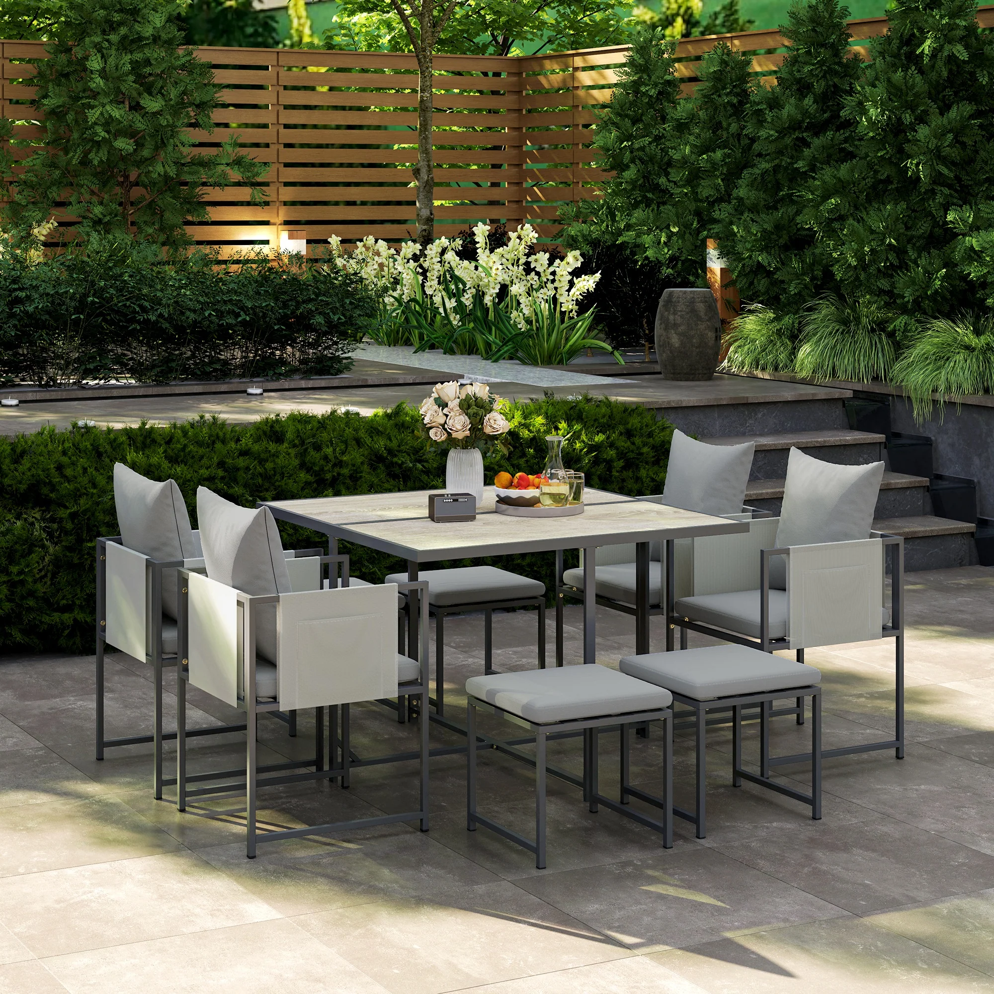9 Piece Garden Dining Set, Cube Outdoor Garden Furniture Set with Cushions, 8 Seater Garden Table and Chairs with 4 Stools, Square PSPC Plastic Top Table, Side Pockets for Conservatory, Grey - Image 11