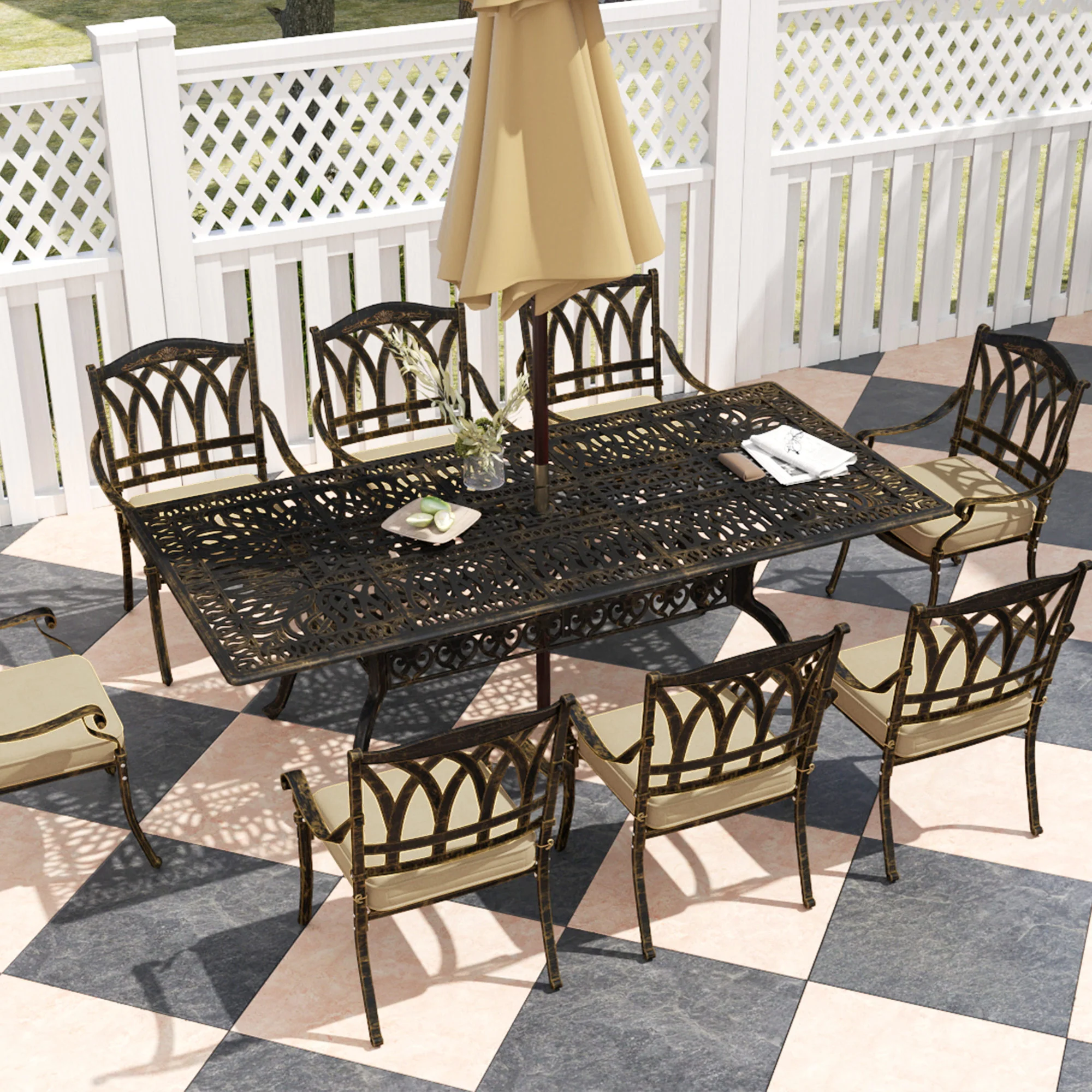 9 Pieces Cast Aluminium Garden Dining Set, 8 Seater Garden Table and Chairs with Parasol Hole, Outdoor Garden Furniture Set with Cushions for Patio, Bronze Tone - Image 11