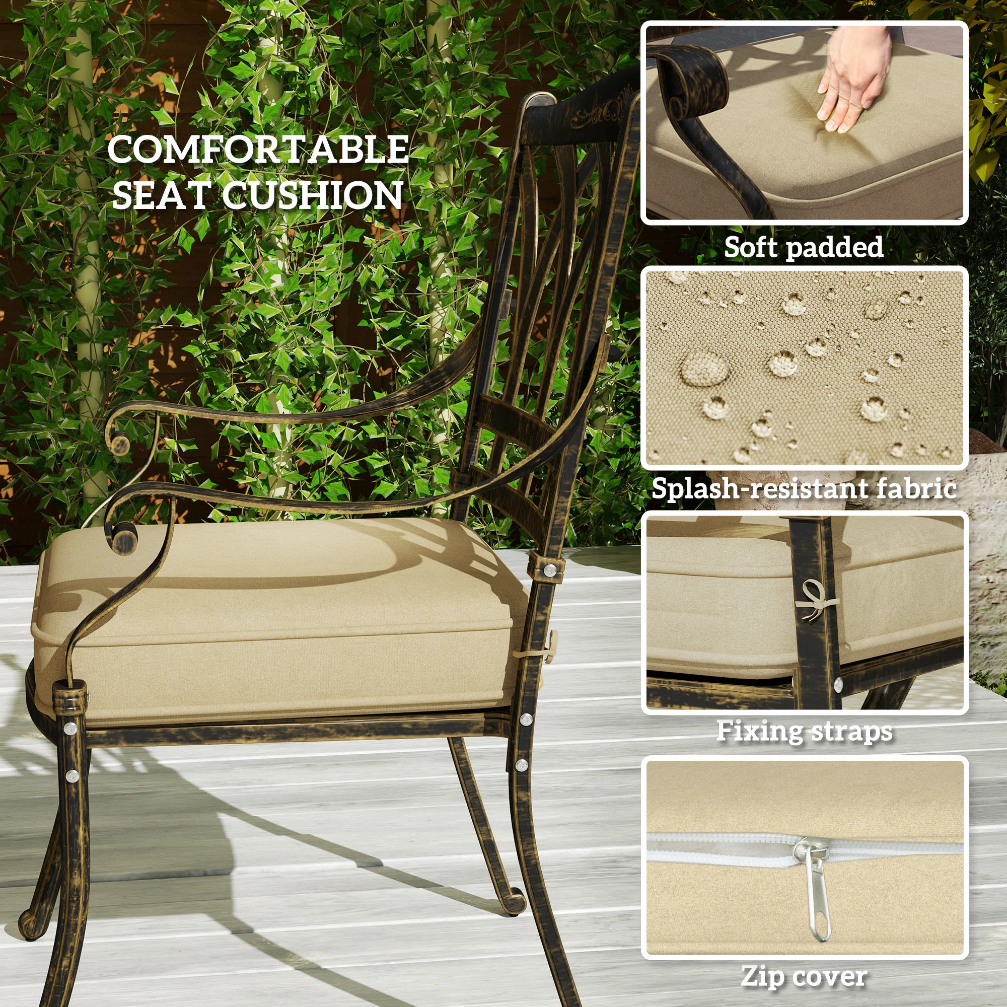 9 Pieces Cast Aluminium Garden Dining Set, 8 Seater Garden Table and Chairs with Parasol Hole, Outdoor Garden Furniture Set with Cushions for Patio, Bronze Tone - Image 7