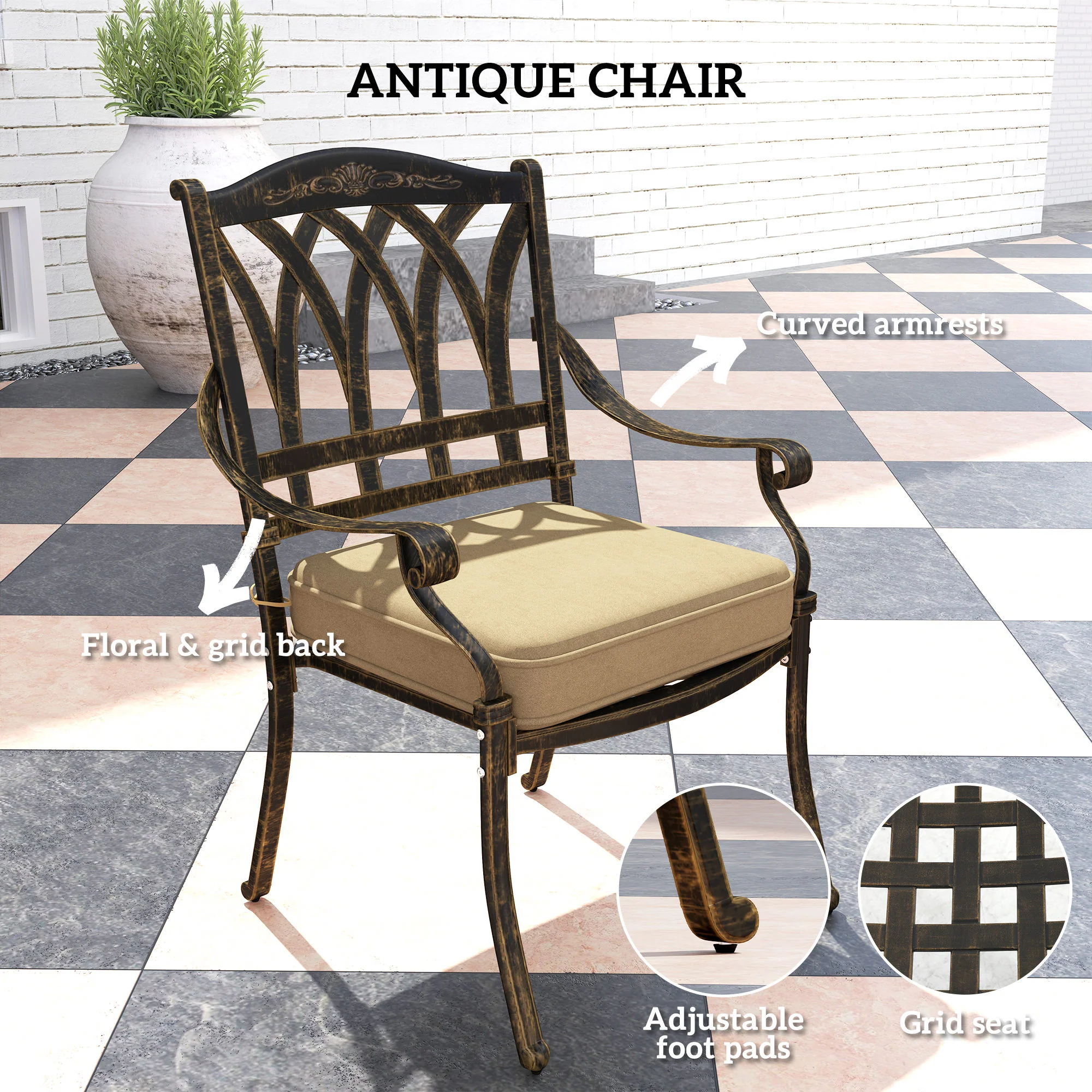 9 Pieces Cast Aluminium Garden Dining Set, 8 Seater Garden Table and Chairs with Parasol Hole, Outdoor Garden Furniture Set with Cushions for Patio, Bronze Tone - Image 9
