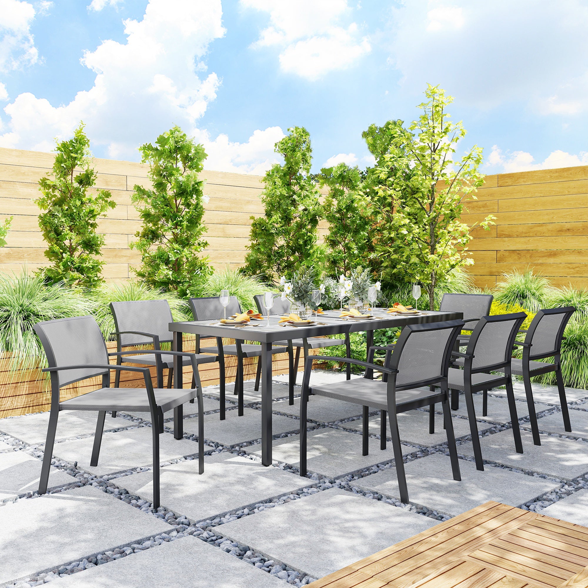 9 Pieces Patio Dining Set with Easy Clean Tabletop, 8 Stackable Chairs, for Garden, Grey - Image 10