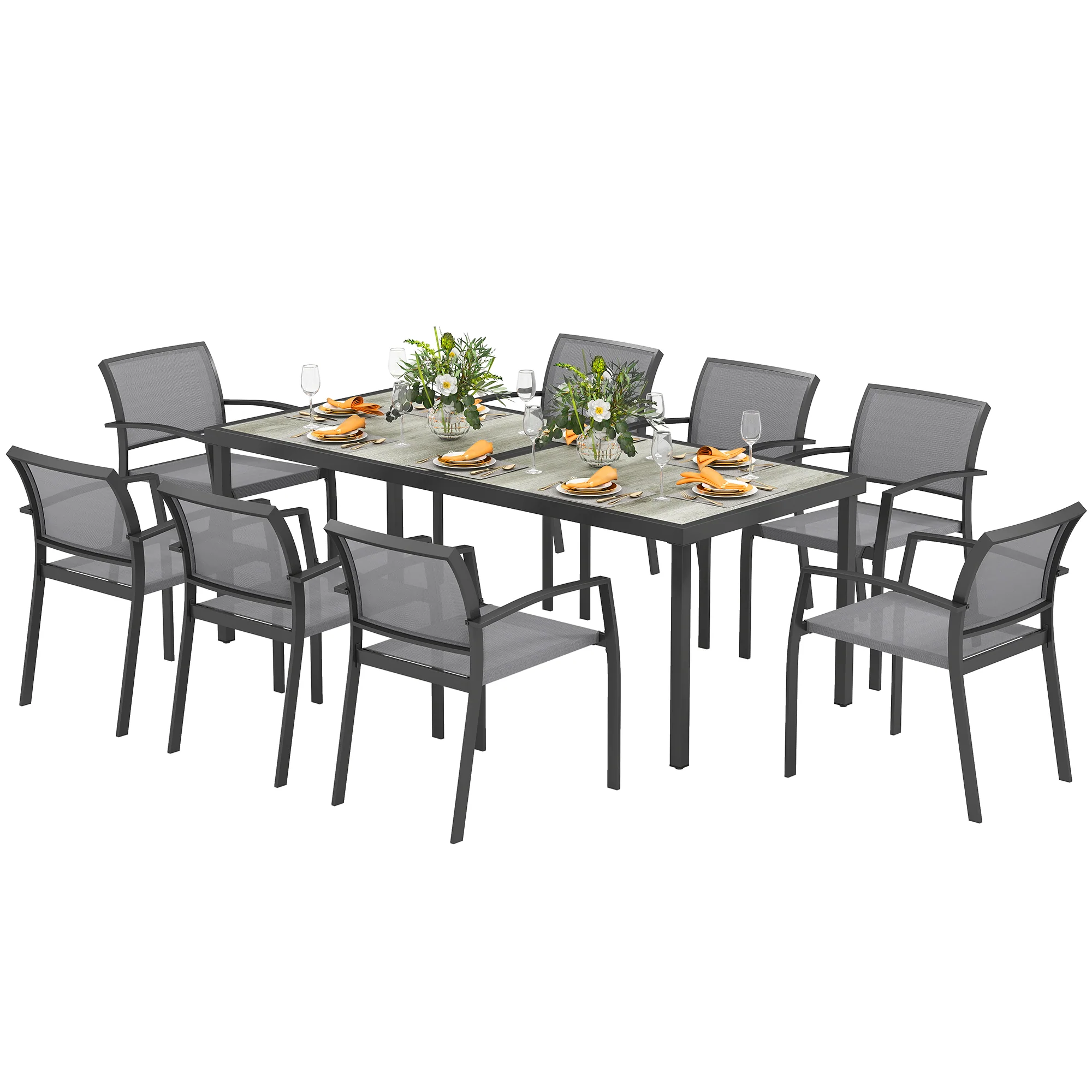 9 Pieces Patio Dining Set with Easy Clean Tabletop, 8 Stackable Chairs, for Garden, Grey - Image 2