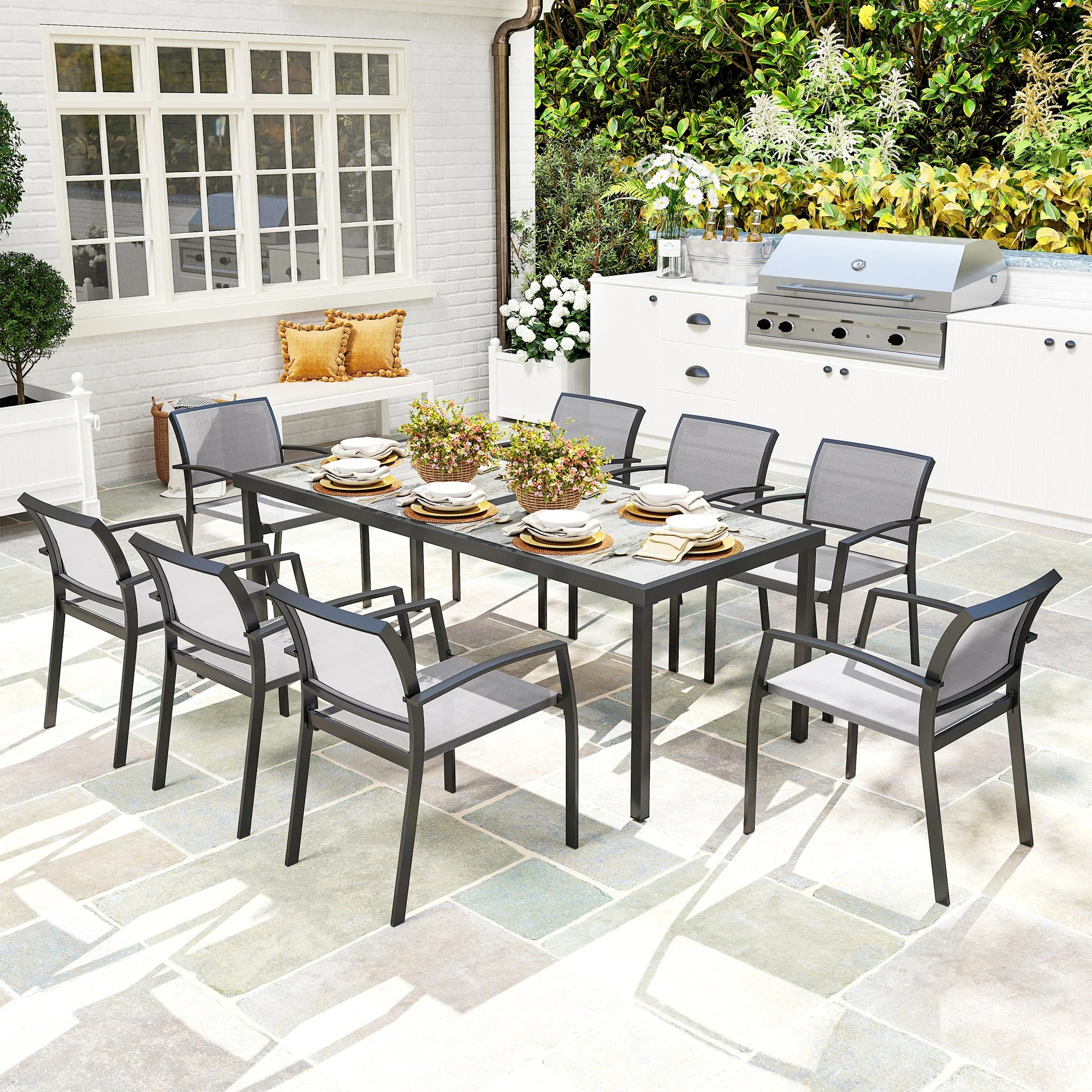 9 Pieces Patio Dining Set with Easy Clean Tabletop, 8 Stackable Chairs, for Garden, Grey - Image 3
