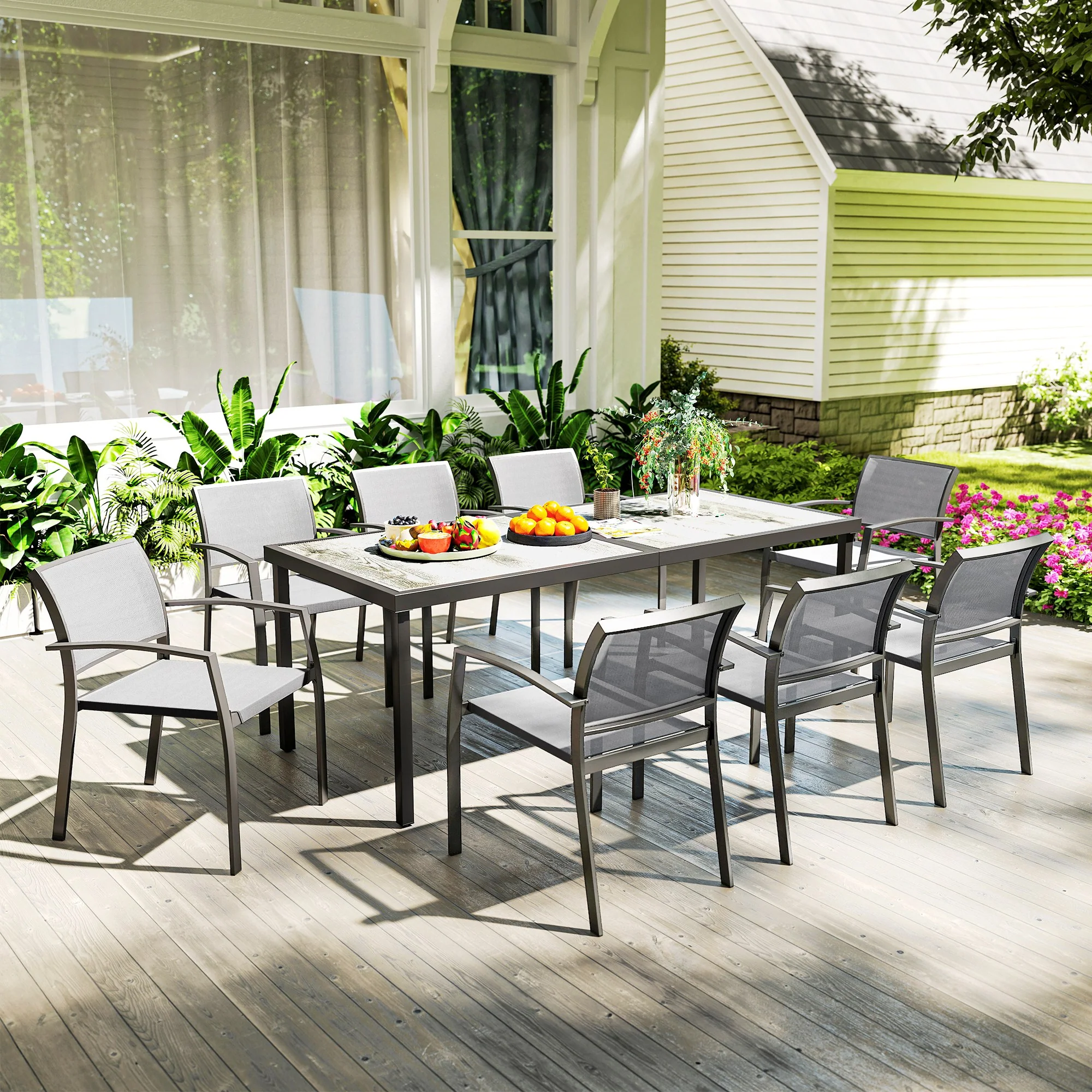 9 Pieces Patio Dining Set with Easy Clean Tabletop, 8 Stackable Chairs, for Garden, Grey - Image 4