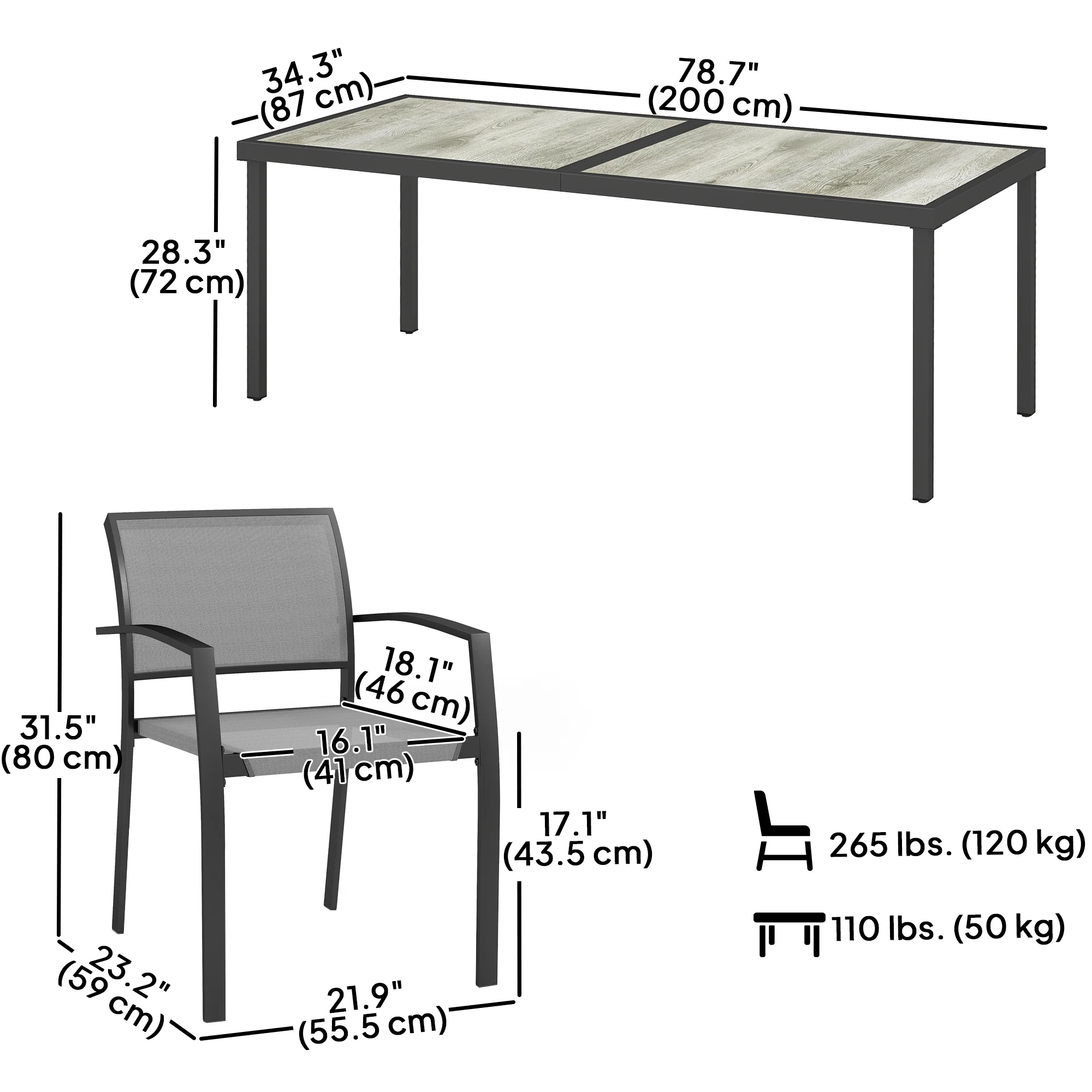 9 Pieces Patio Dining Set with Easy Clean Tabletop, 8 Stackable Chairs, for Garden, Grey - Image 5