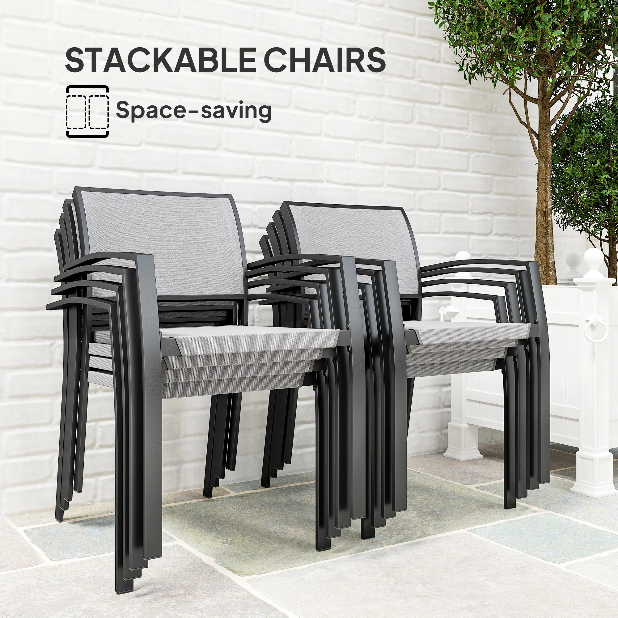 9 Pieces Patio Dining Set with Easy Clean Tabletop, 8 Stackable Chairs, for Garden, Grey - Image 6