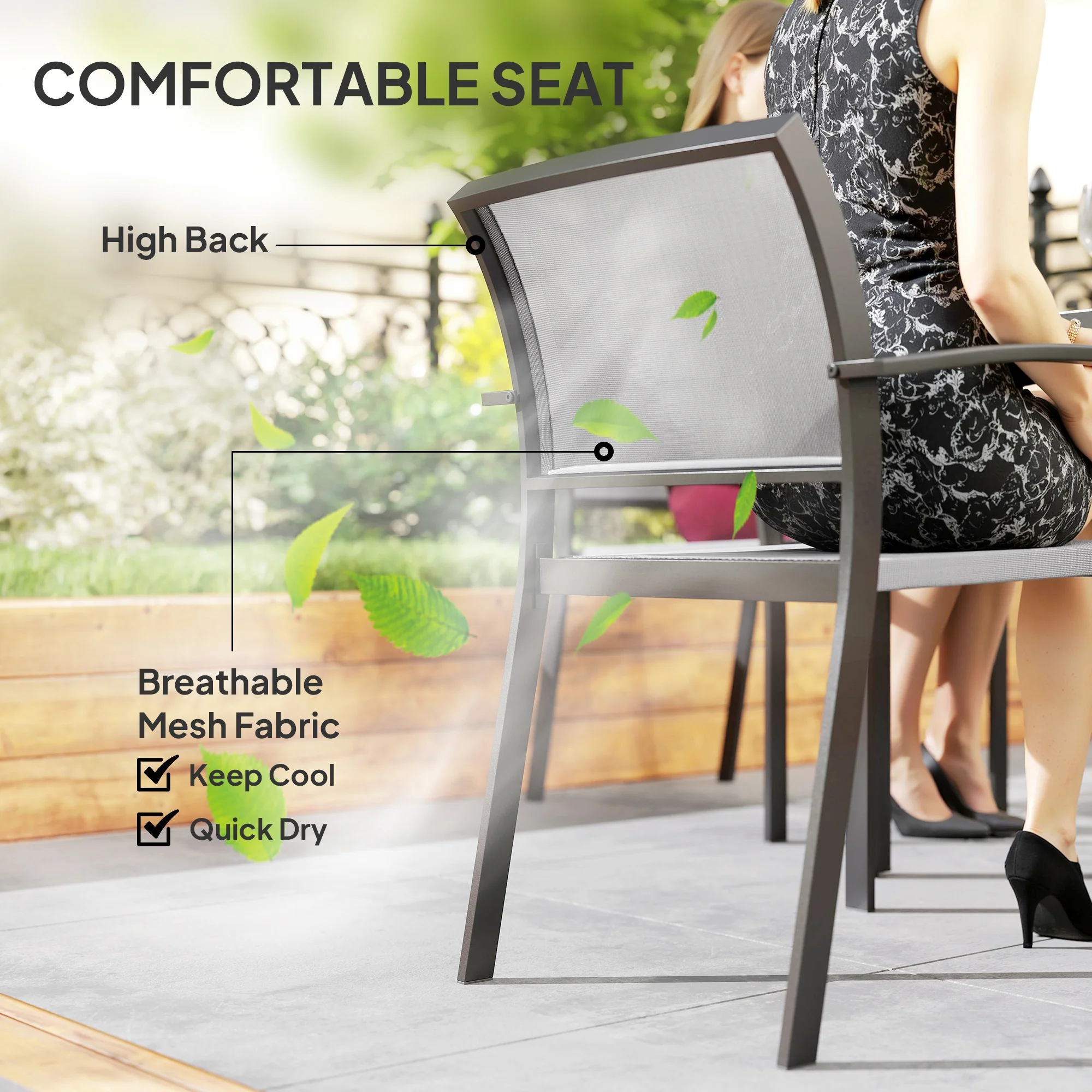 9 Pieces Patio Dining Set with Easy Clean Tabletop, 8 Stackable Chairs, for Garden, Grey - Image 8