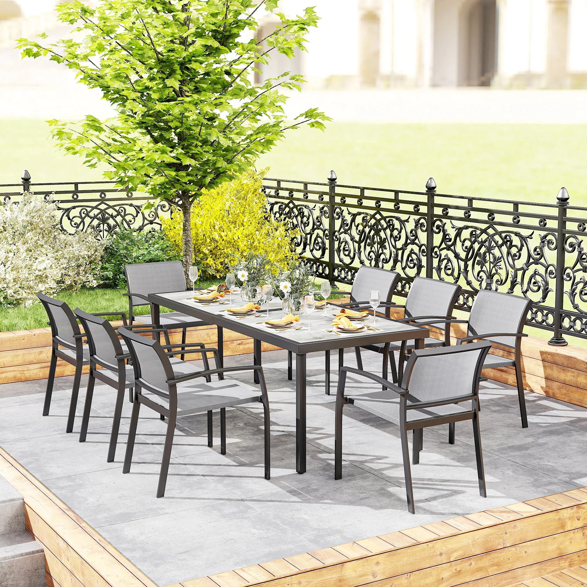 9 Pieces Patio Dining Set with Easy Clean Tabletop, 8 Stackable Chairs, for Garden, Grey - Image 9