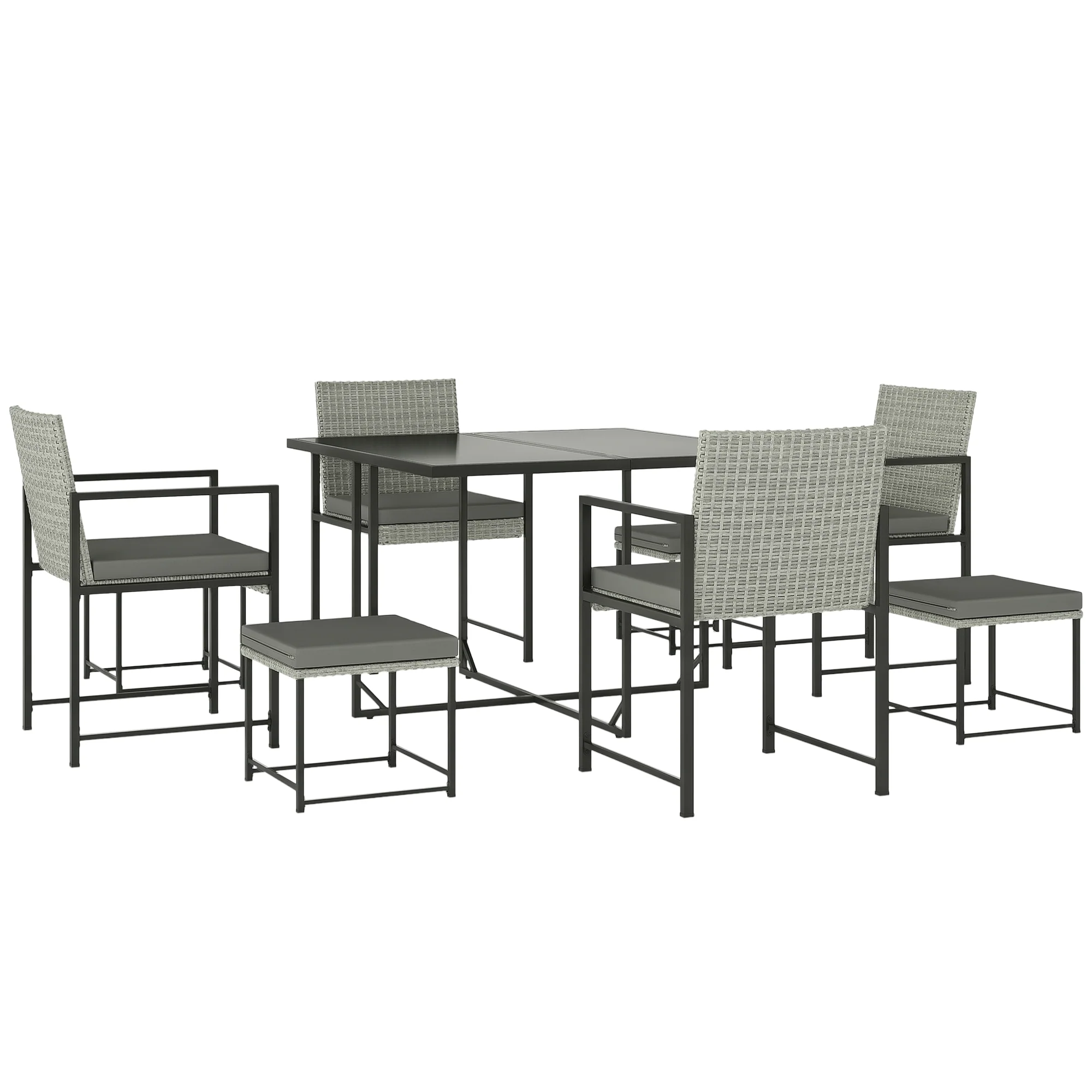 9 Pieces Wicker Patio Dining Set with 4 Armchairs, 4 Stools & Spacious Table, Light Grey