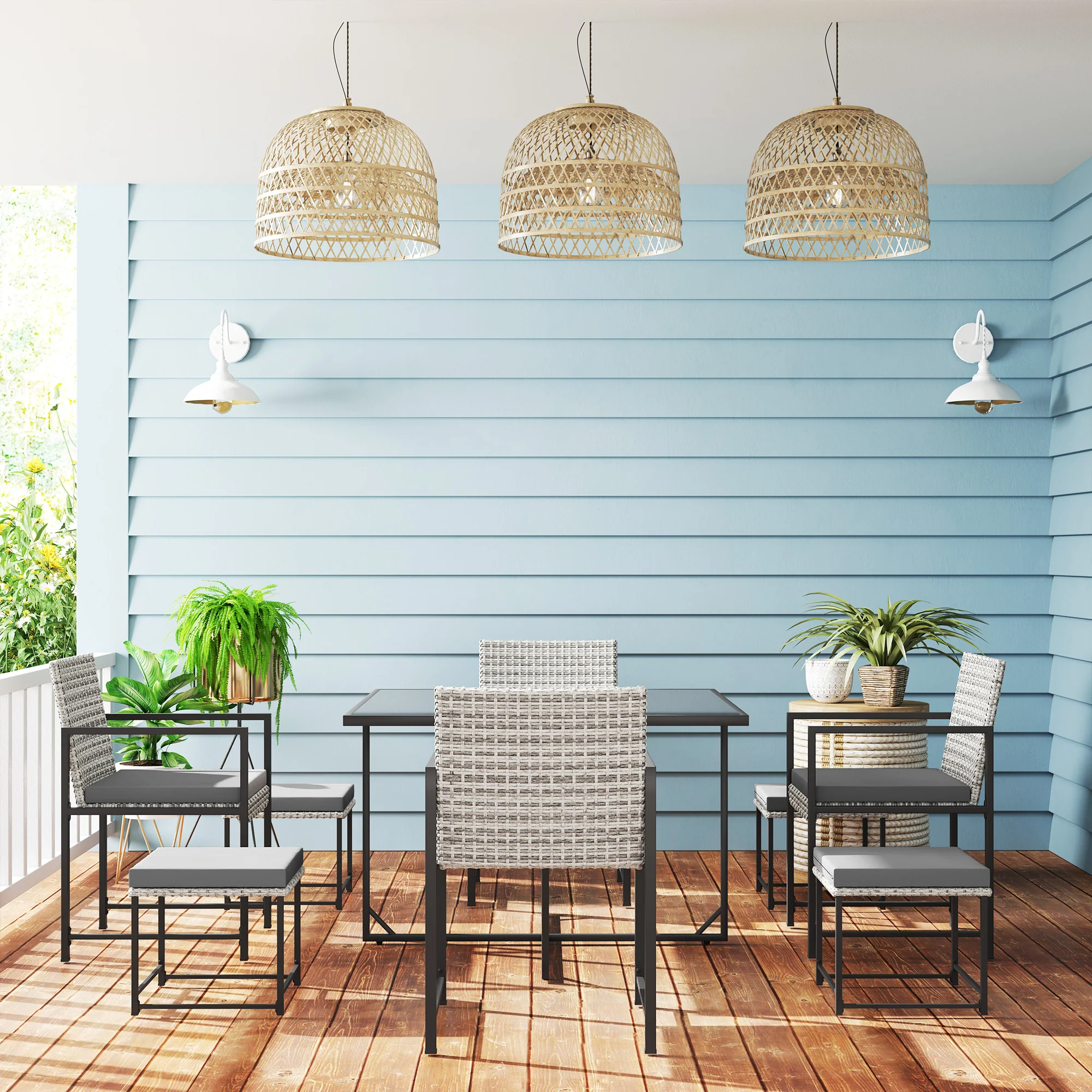9 Pieces Wicker Patio Dining Set with 4 Armchairs, 4 Stools & Spacious Table, Light Grey - Image 11