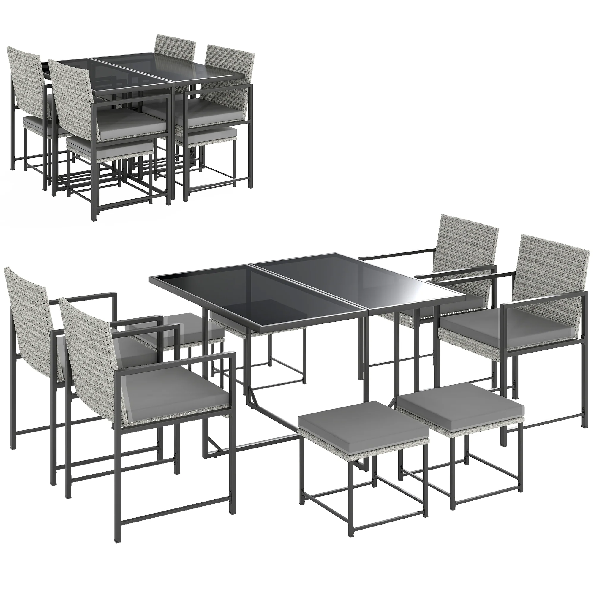 9 Pieces Wicker Patio Dining Set with 4 Armchairs, 4 Stools & Spacious Table, Light Grey - Image 12