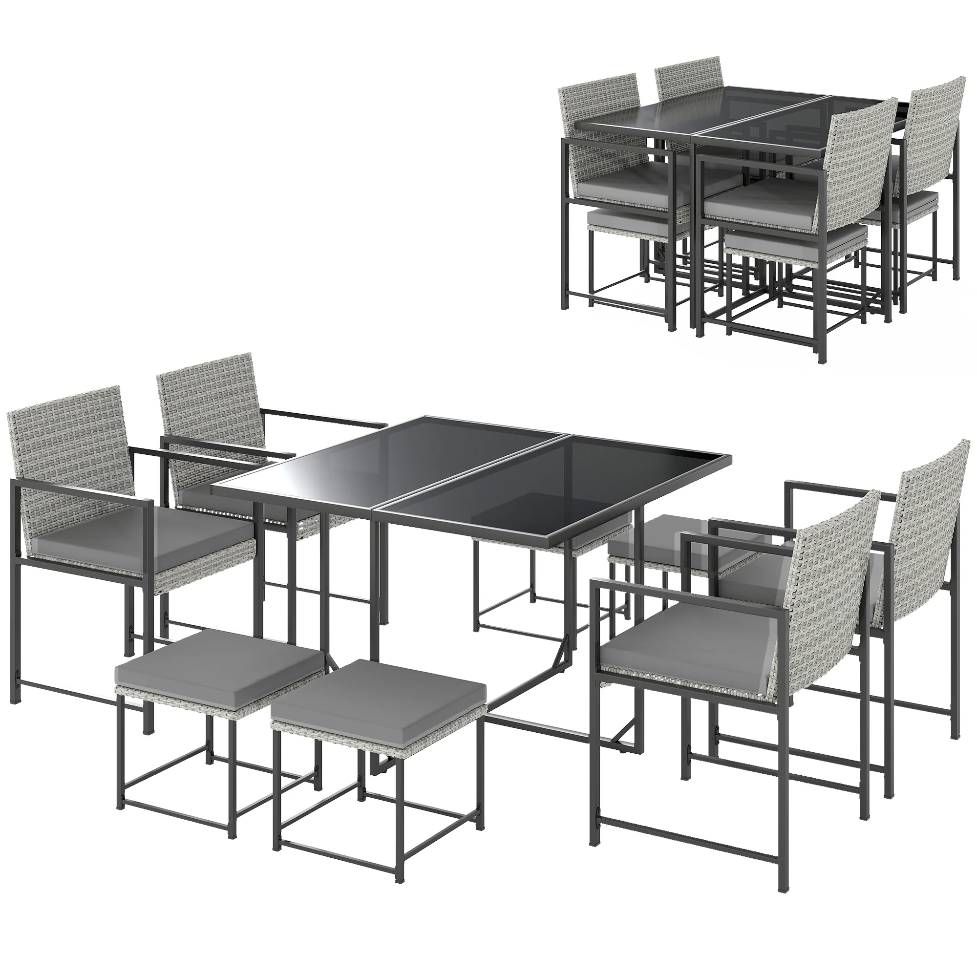 9 Pieces Wicker Patio Dining Set with 4 Armchairs, 4 Stools & Spacious Table, Light Grey - Image 2