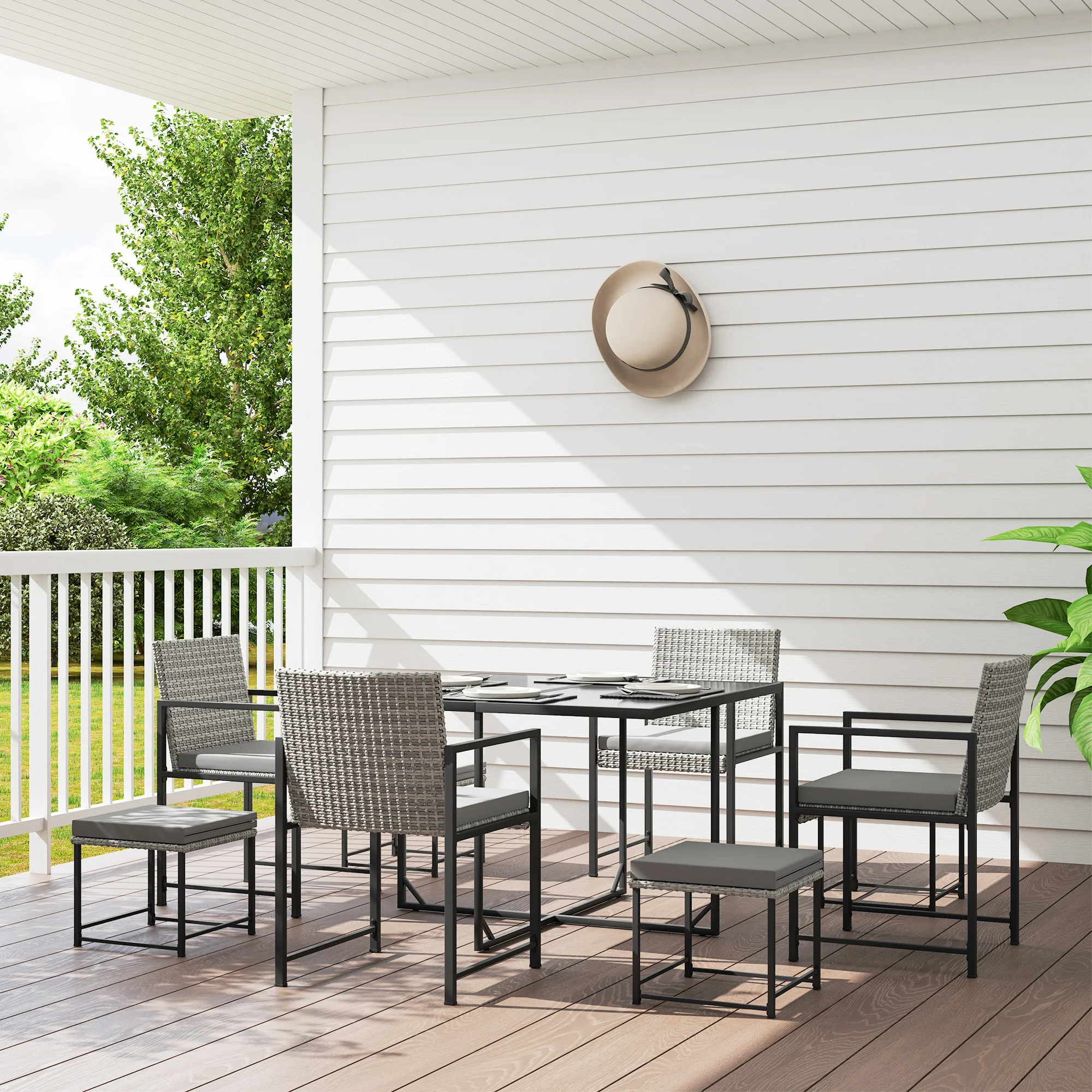 9 Pieces Wicker Patio Dining Set with 4 Armchairs, 4 Stools & Spacious Table, Light Grey - Image 3