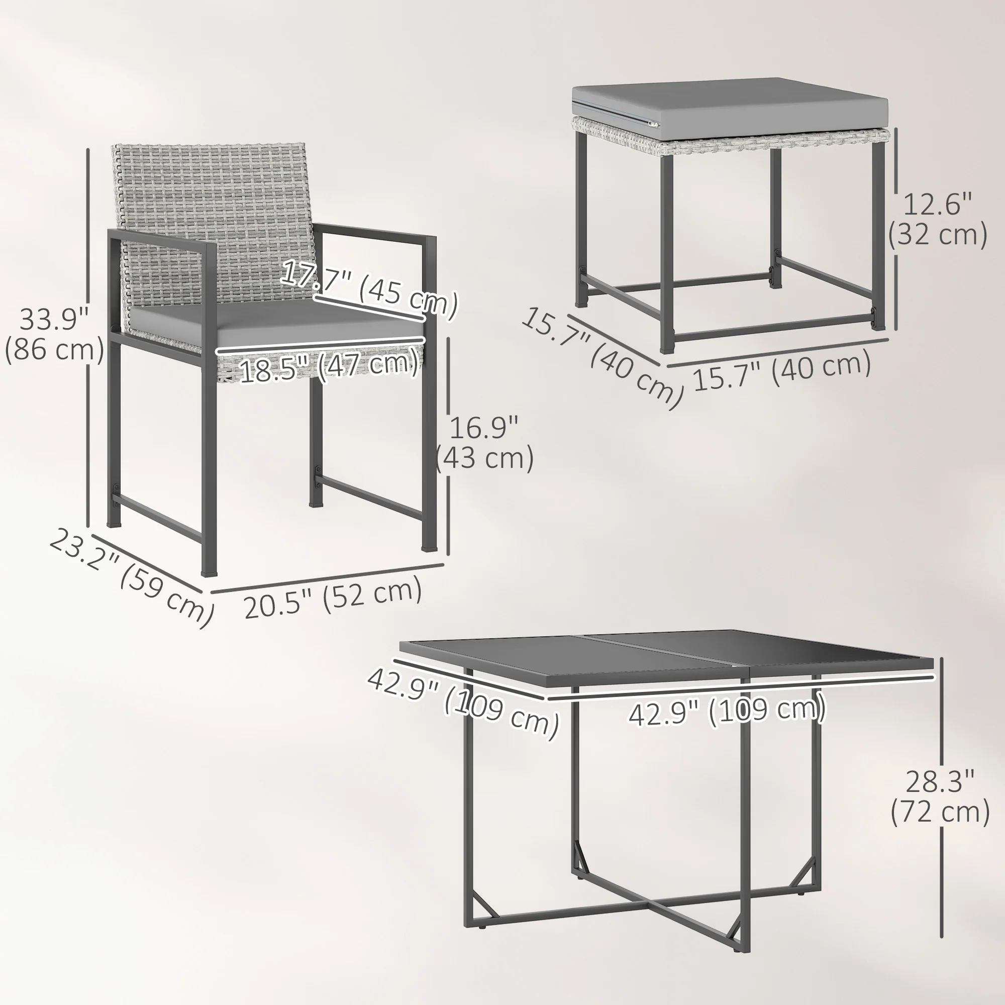 9 Pieces Wicker Patio Dining Set with 4 Armchairs, 4 Stools & Spacious Table, Light Grey - Image 5