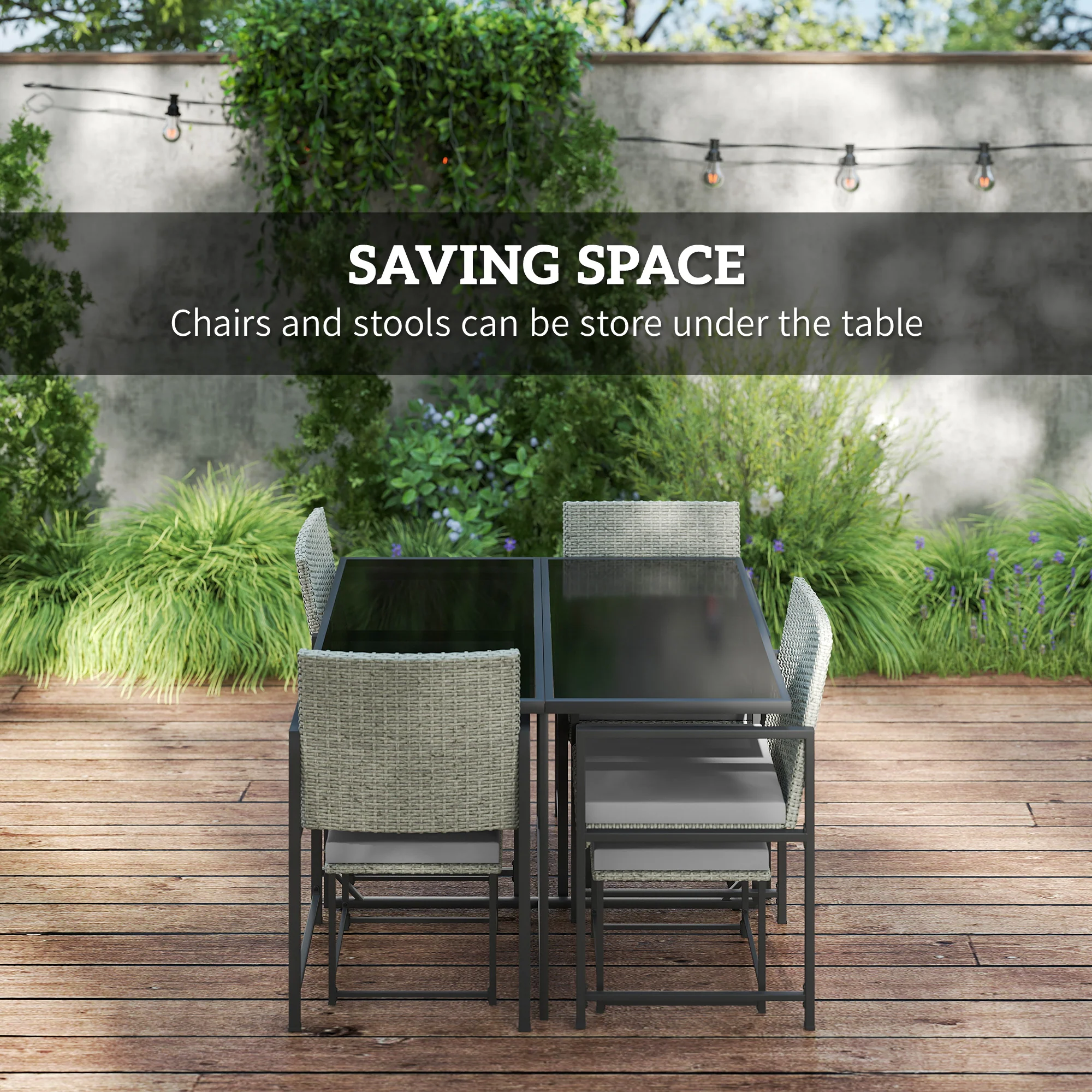 9 Pieces Wicker Patio Dining Set with 4 Armchairs, 4 Stools & Spacious Table, Light Grey - Image 6