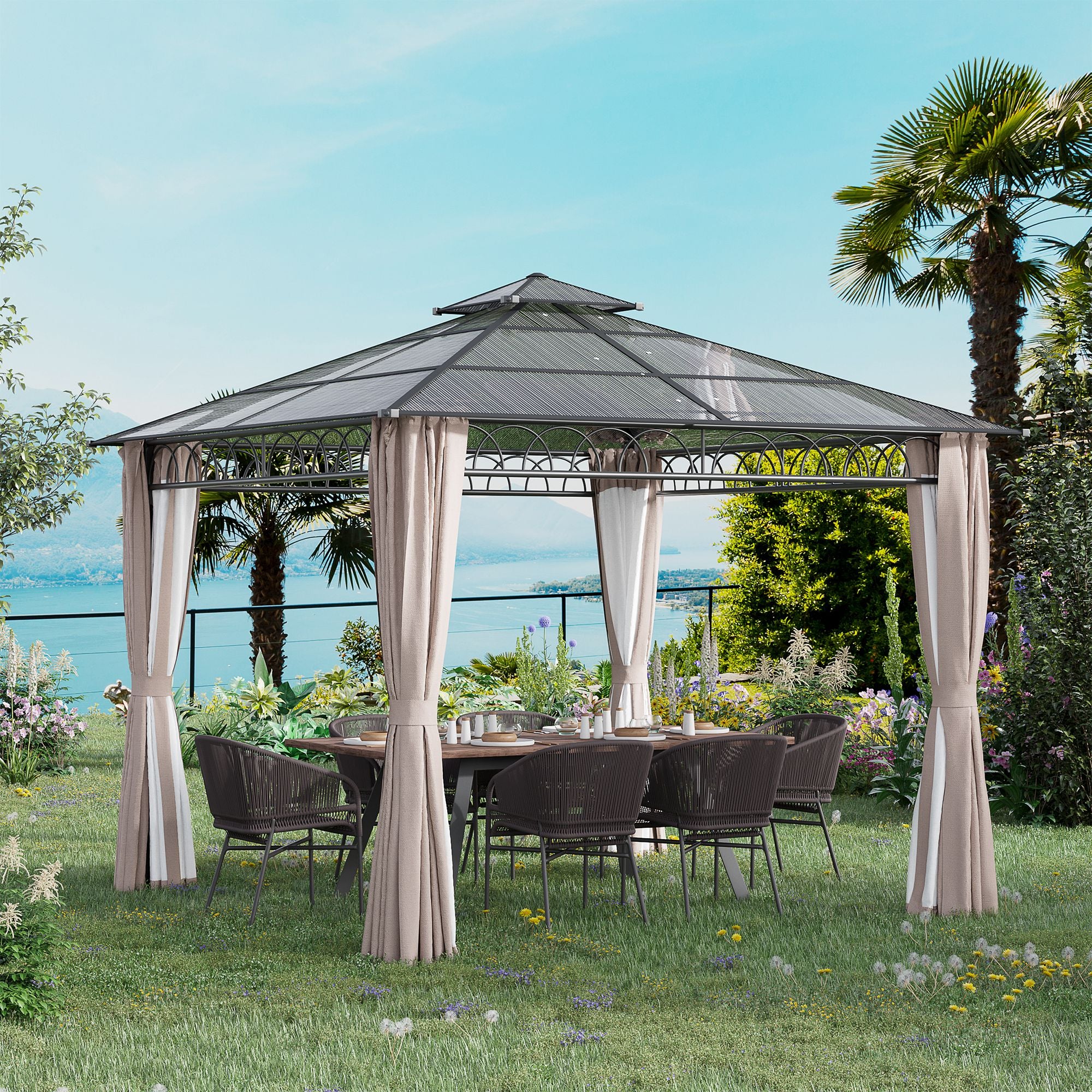 9' x 10' Outdoor Gazebo Canopy with Polycarbonate Roof, Nettings and Curtains, Khaki - Image 4
