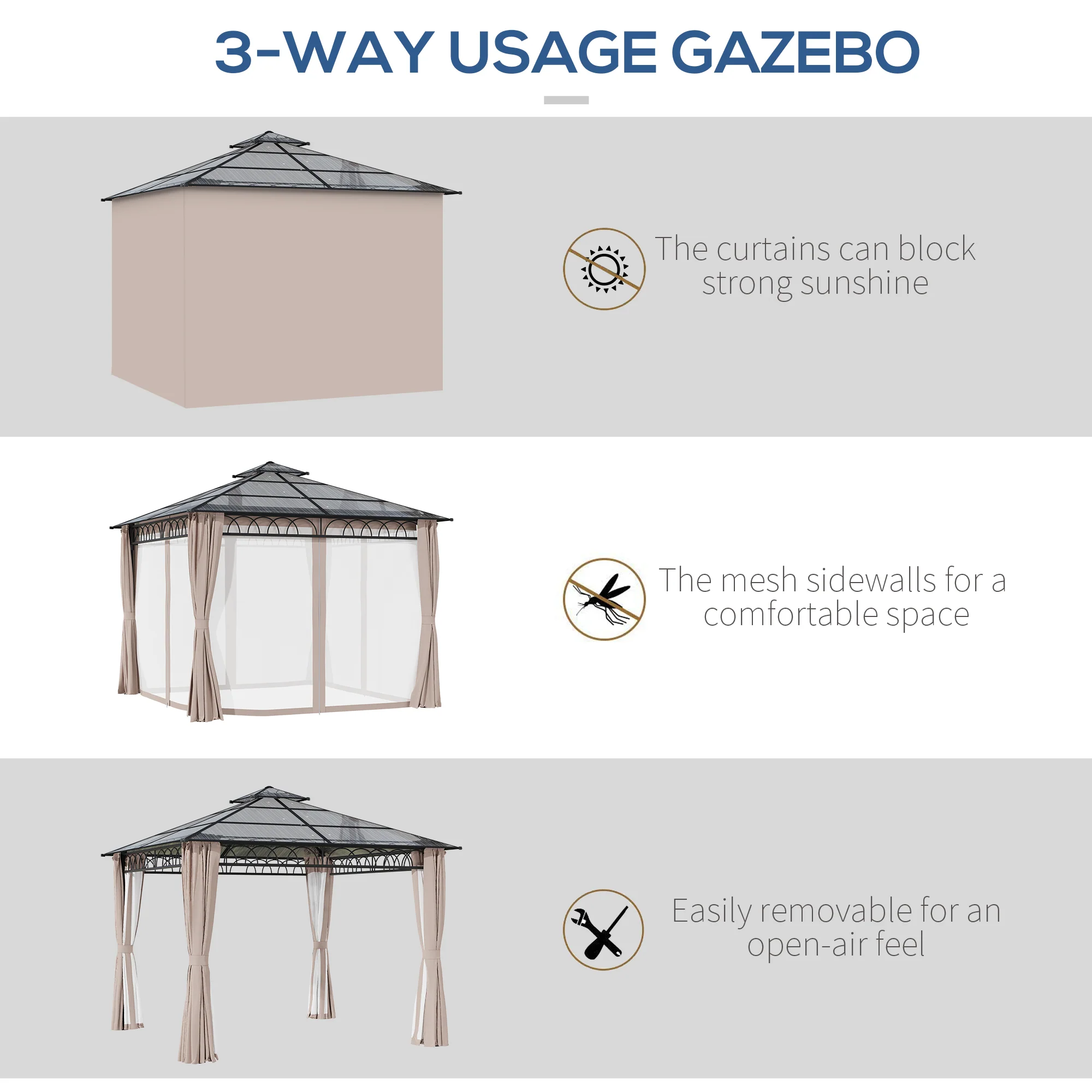 9' x 10' Outdoor Gazebo Canopy with Polycarbonate Roof, Nettings and Curtains, Khaki - Image 7