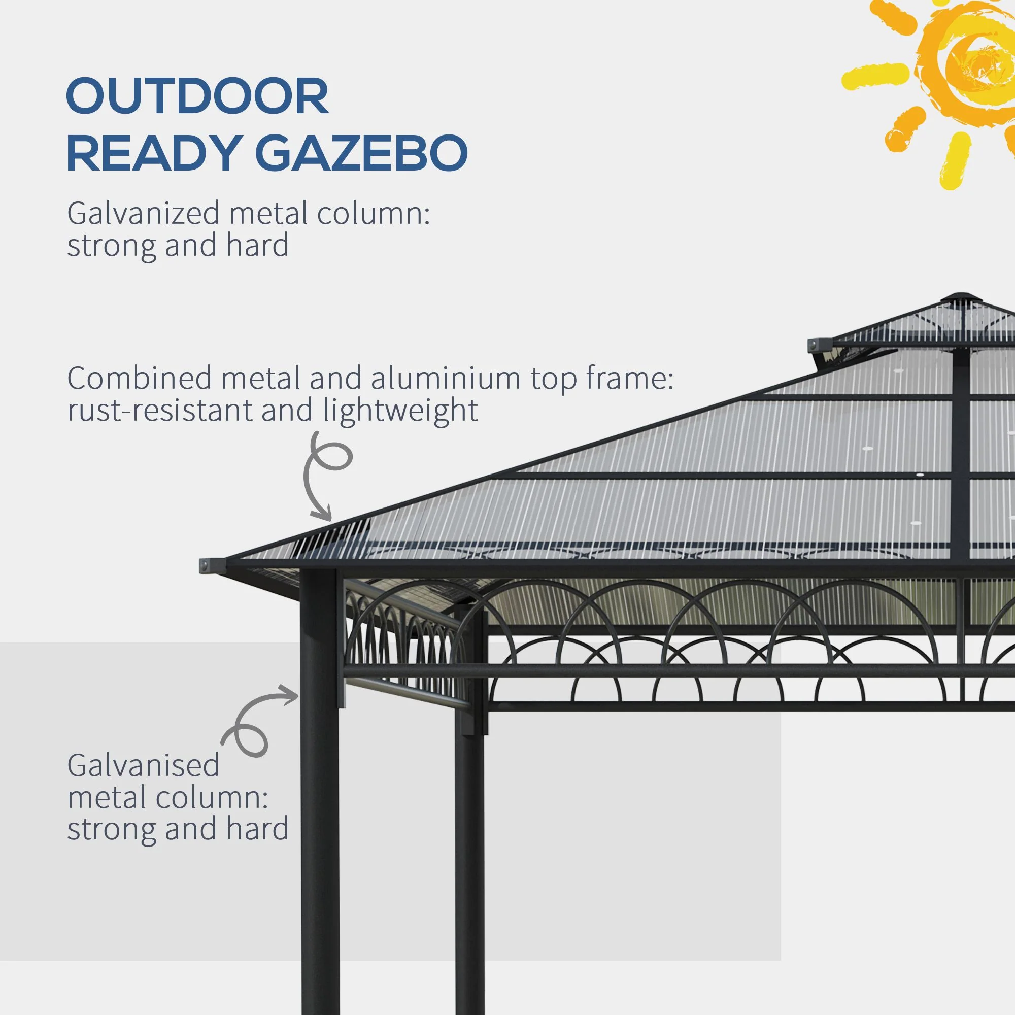 9' x 10' Outdoor Gazebo Canopy with Polycarbonate Roof, Nettings and Curtains, Khaki - Image 8