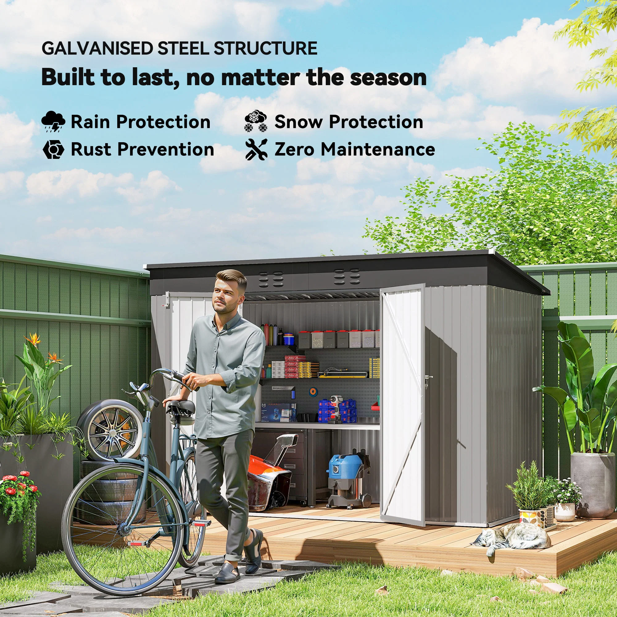 9' x 4' Galvanized Steel Storage Shed Air Vents & Wide Double Door with Lock, , Grey - Image 6