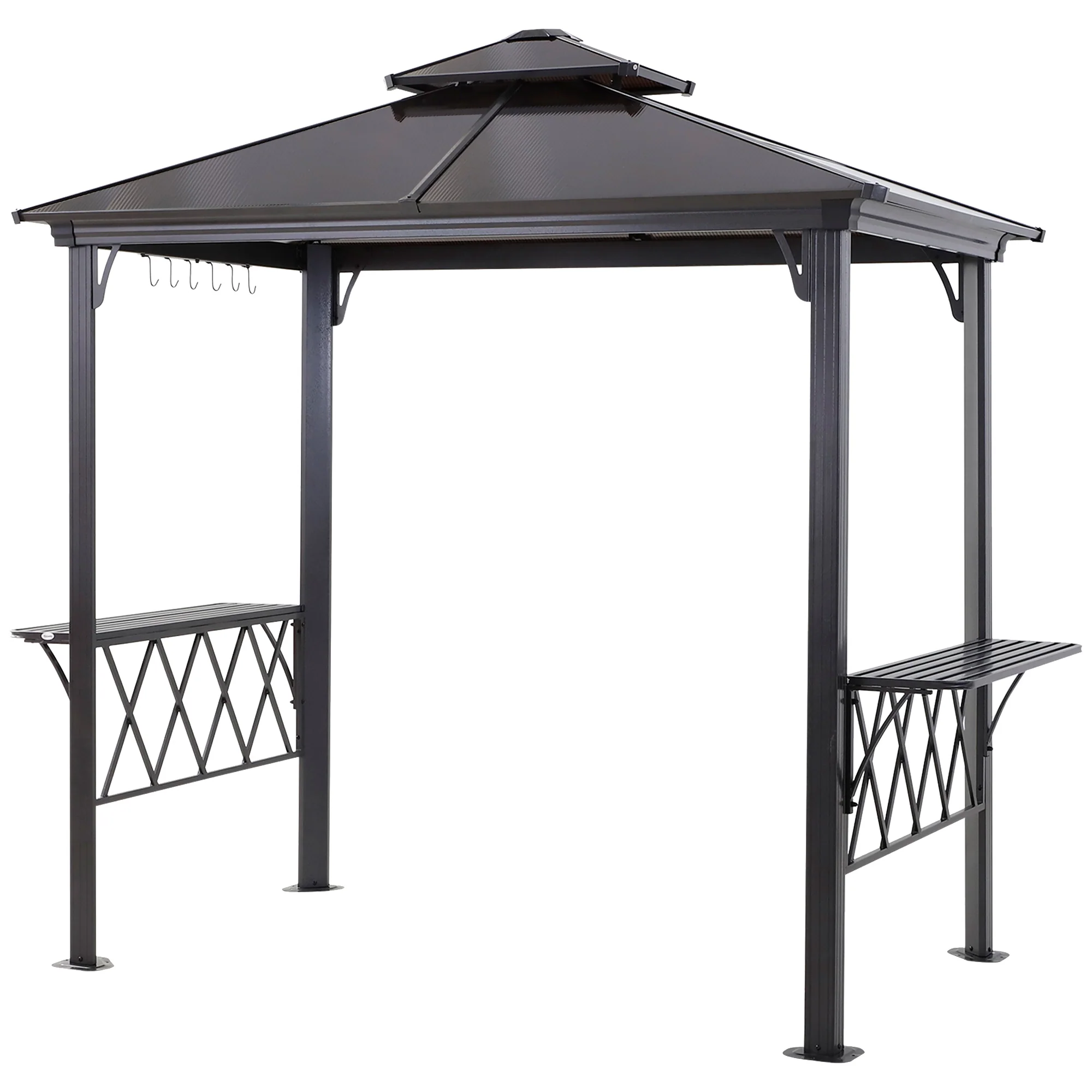 9' x 5' Hardtop Grill Gazebo with 2-Tier Polycarbonate Roof, Shelves & Hooks, Black/Coffee - Image 2