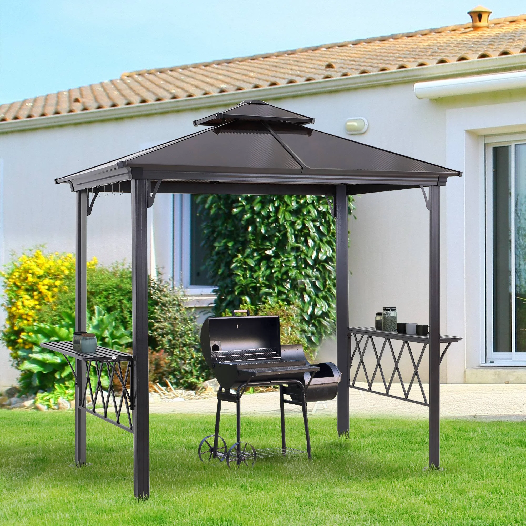 9' x 5' Hardtop Grill Gazebo with 2-Tier Polycarbonate Roof, Shelves & Hooks, Black/Coffee - Image 3