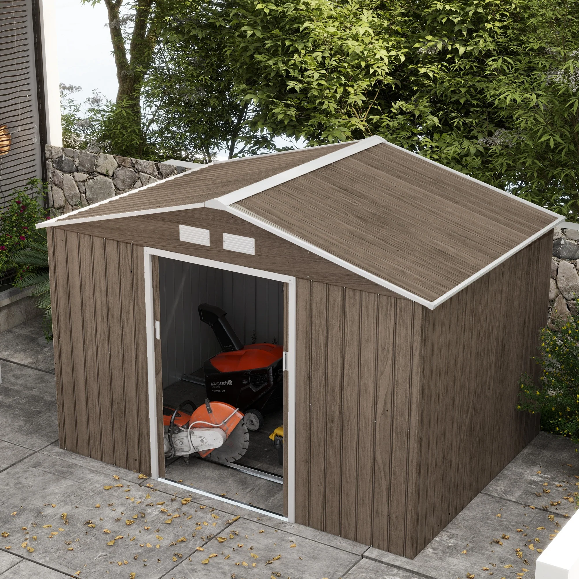 EverBase 9' x 6' Metal Garden Storage Shed with Foundation Kit & Double Doors, Distressed Light Brown - Image 10