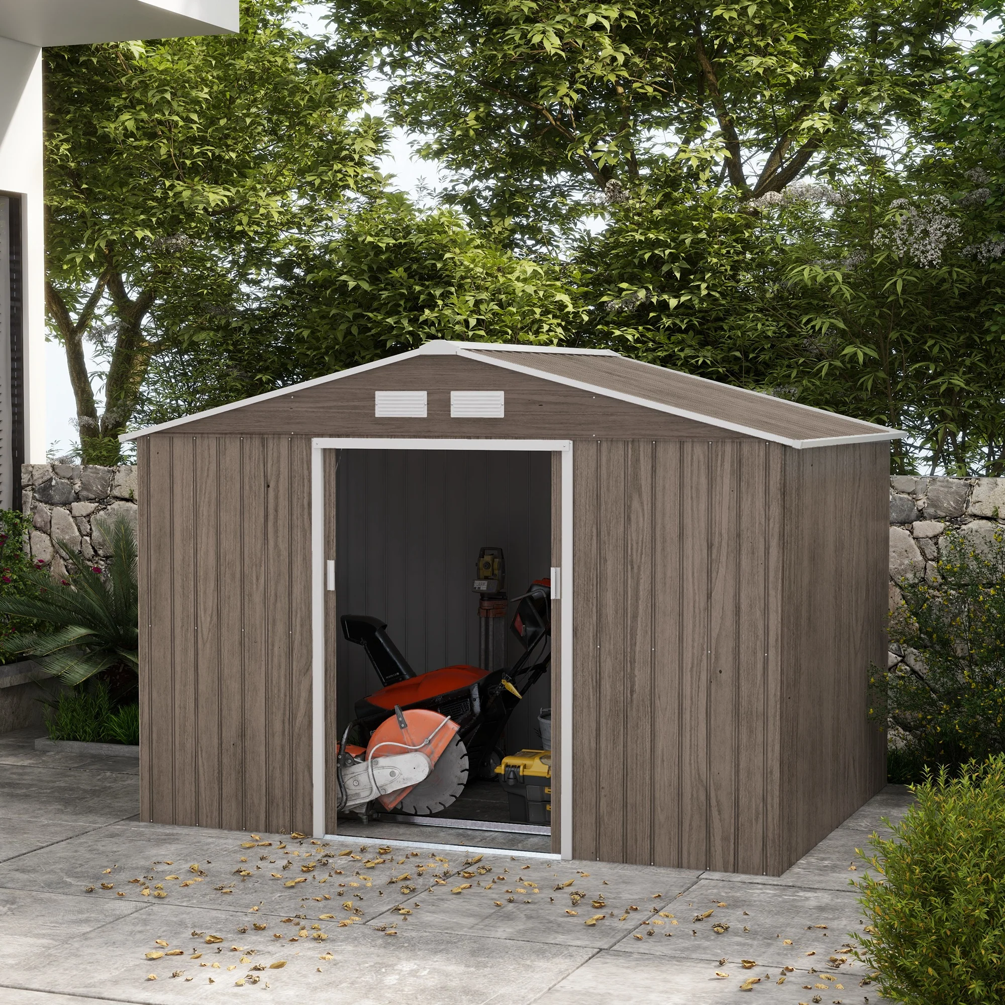 EverBase 9' x 6' Metal Garden Storage Shed with Foundation Kit & Double Doors, Distressed Light Brown - Image 4