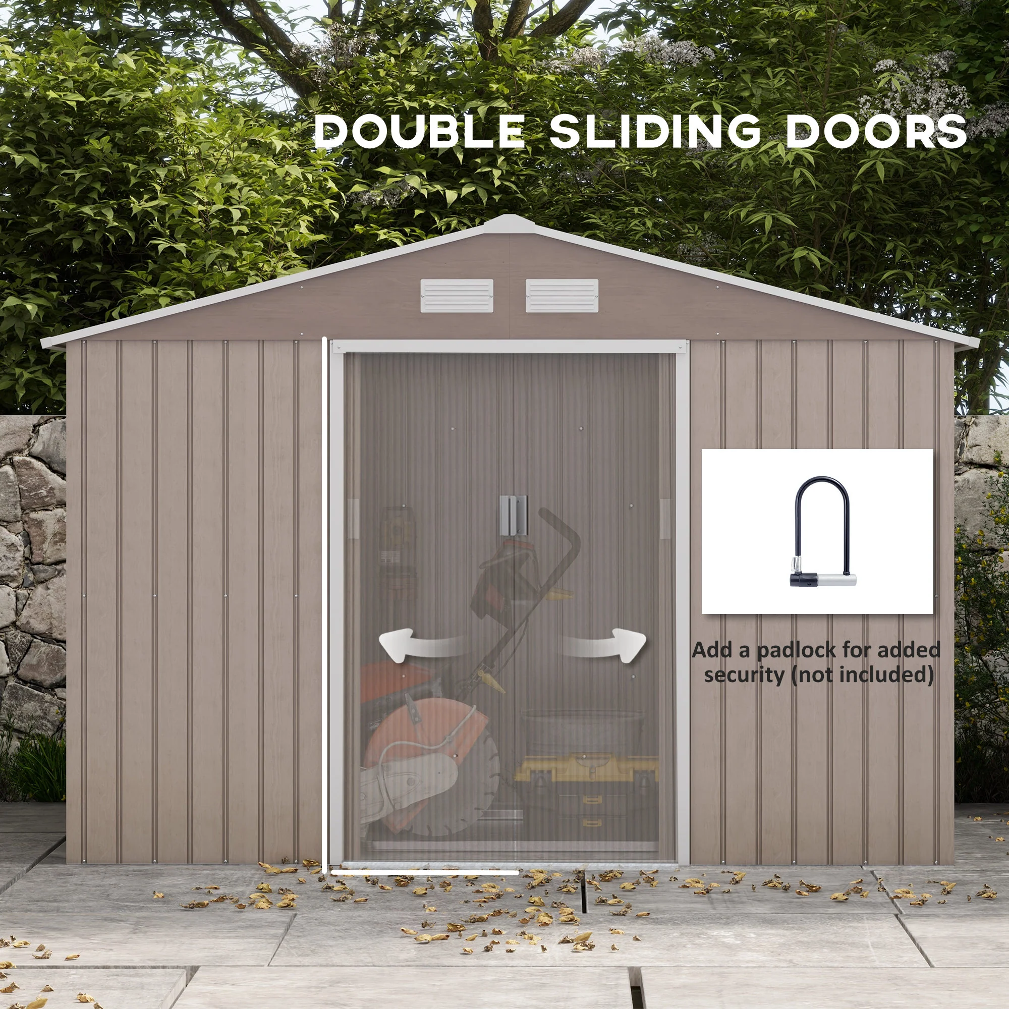 EverBase 9' x 6' Metal Garden Storage Shed with Foundation Kit & Double Doors, Distressed Light Brown - Image 7