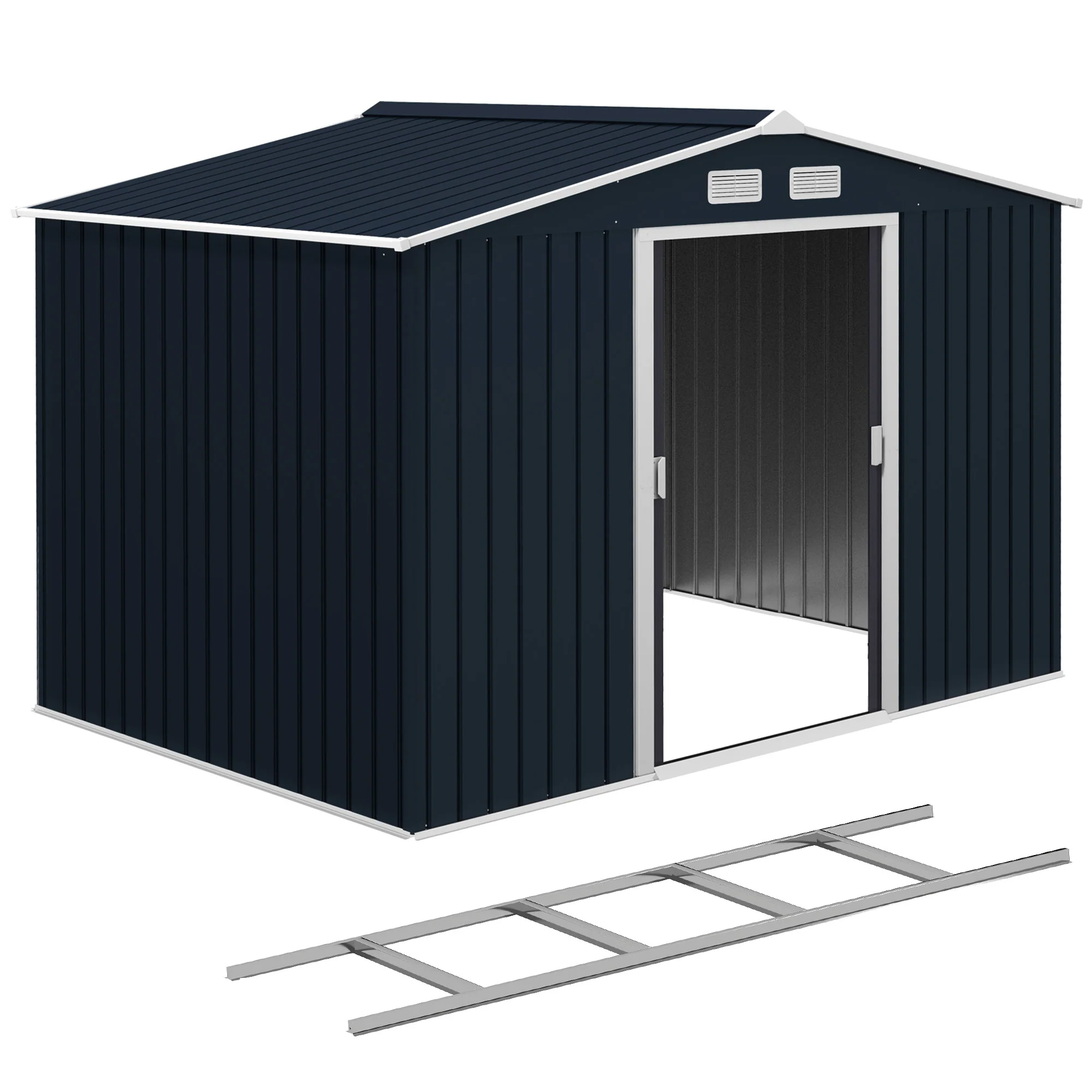 EverBase 9' x 6' Metal Garden Storage Shed with Foundation Kit & Double Doors, Dark Grey