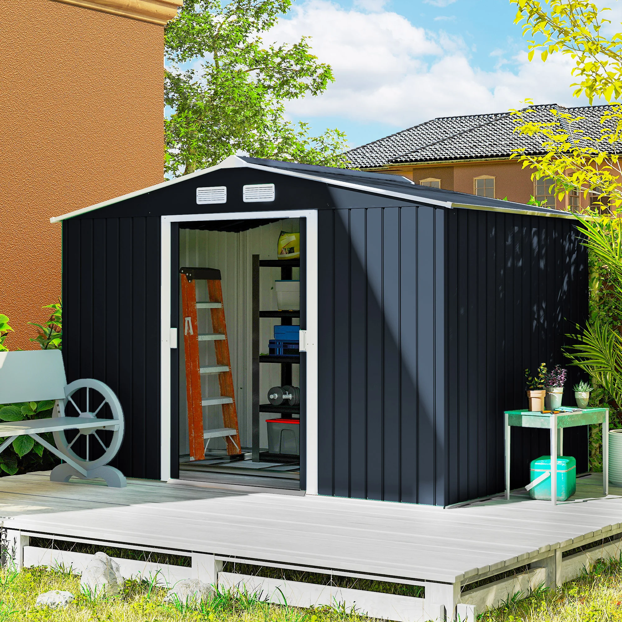 EverBase 9' x 6' Metal Garden Storage Shed with Foundation Kit & Double Doors, Dark Grey - Image 3