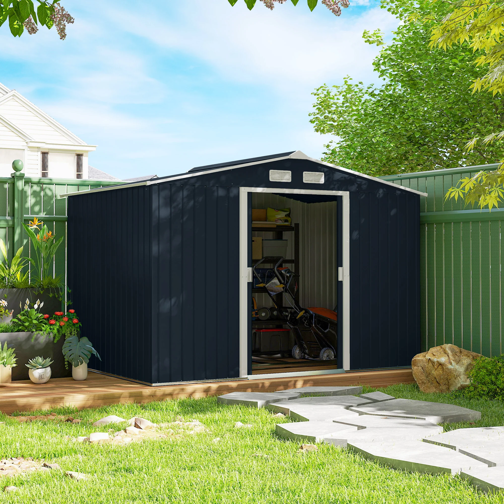 EverBase 9' x 6' Metal Garden Storage Shed with Foundation Kit & Double Doors, Dark Grey - Image 4
