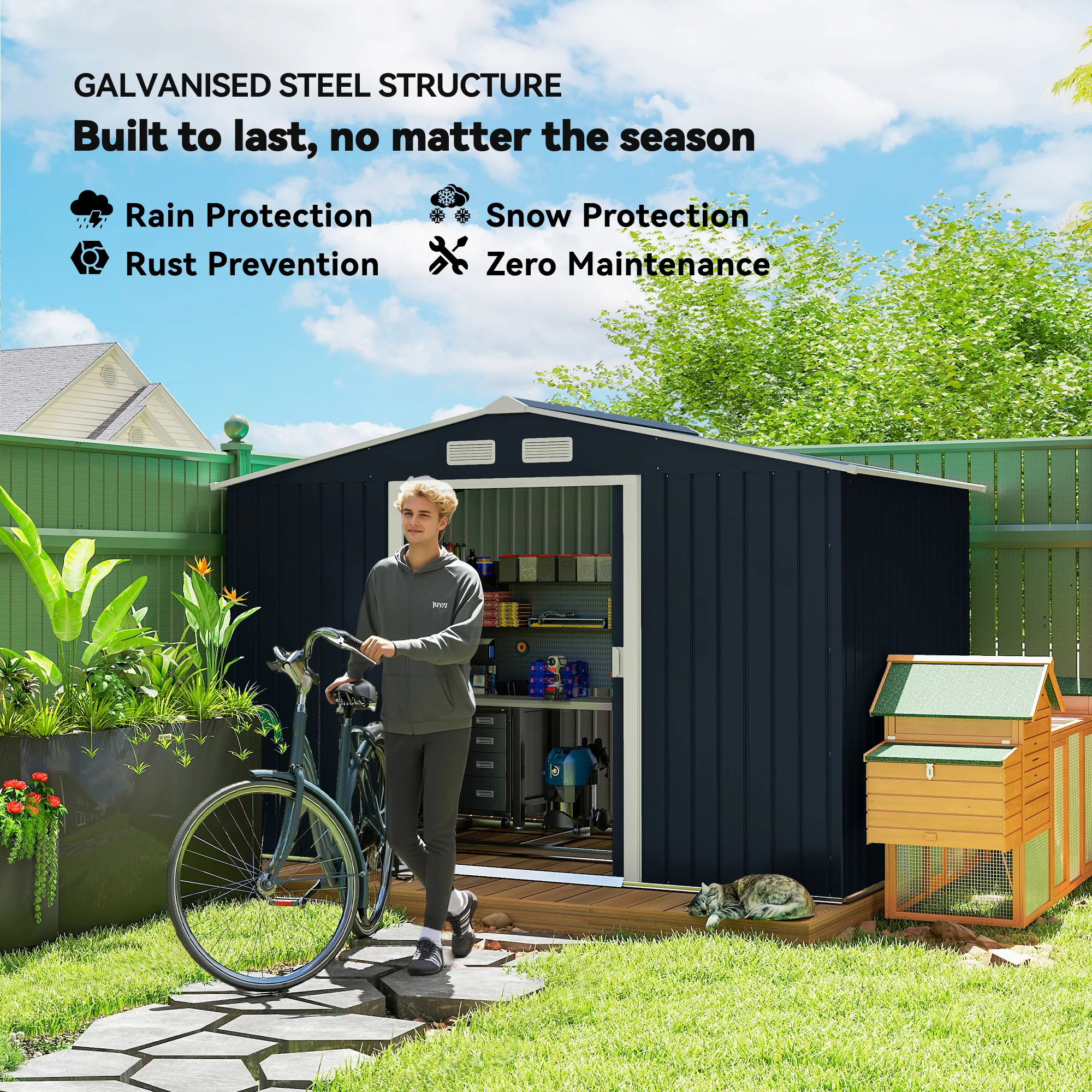 EverBase 9' x 6' Metal Garden Storage Shed with Foundation Kit & Double Doors, Dark Grey - Image 6
