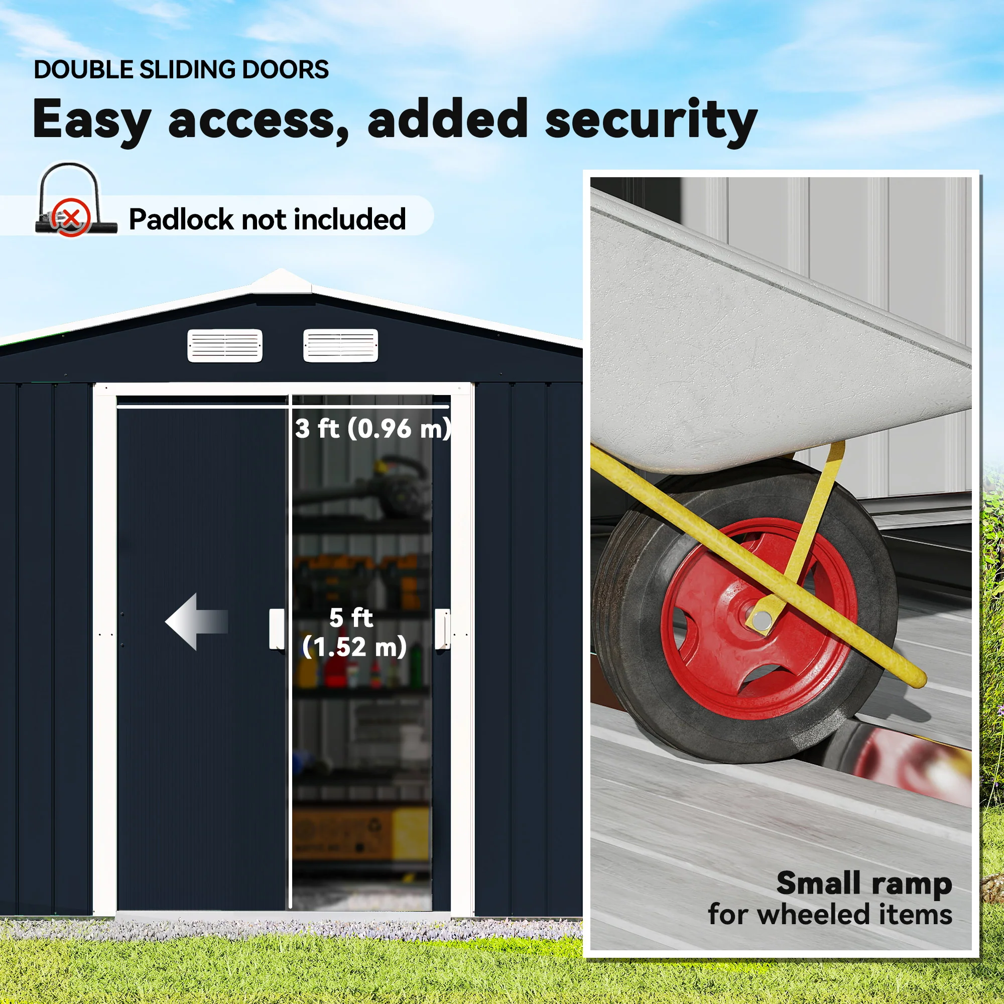 EverBase 9' x 6' Metal Garden Storage Shed with Foundation Kit & Double Doors, Dark Grey - Image 7
