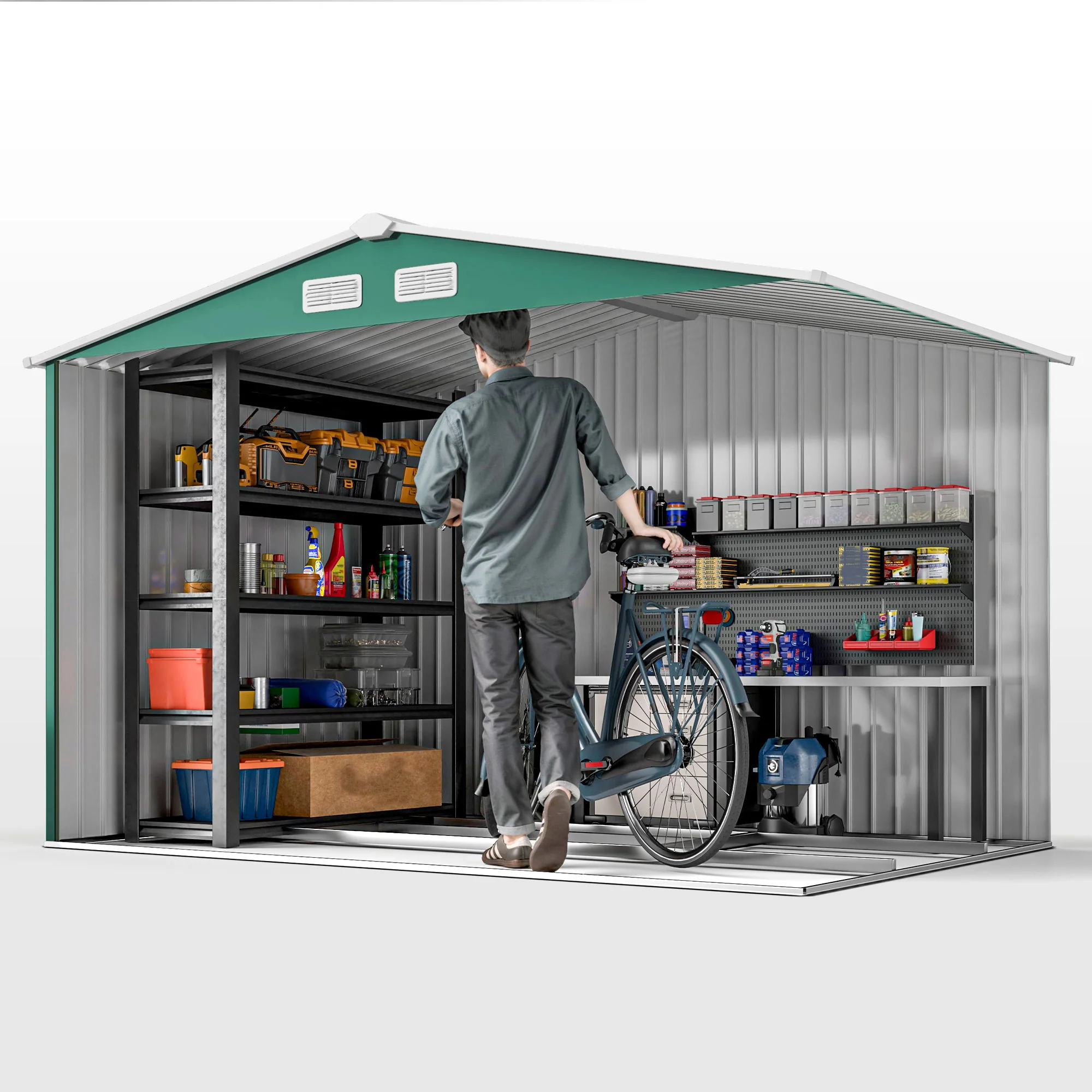 EverBase 9' x 6' Metal Garden Storage Shed with Foundation Kit & Double Doors, Green - Image 11